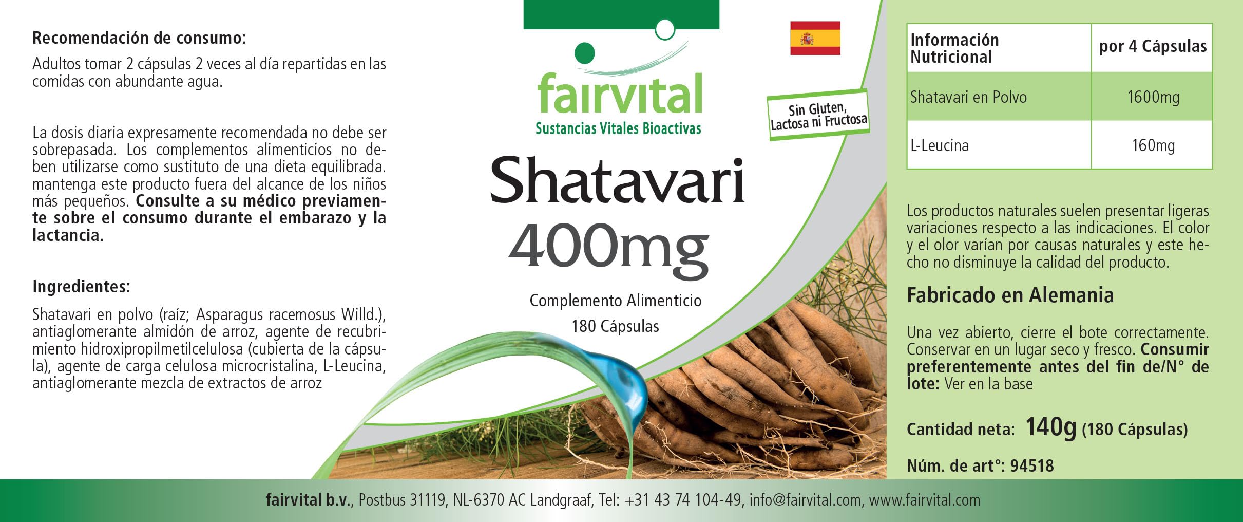fairvital Shatavari 400mg, 180 gélules, HAUTEMENT DOSÉ, 400mg par gélule, VÉGÉTALIEN, Asparagus racemosus, asperge indienne