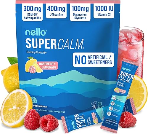 Nello Supercalm - Mezcla de bebida en polvo, reductor de cortisol y ayuda para dormir, L Teanina, Ashwagandha Ksm-66, Magnesio Glicinato, Vitamina