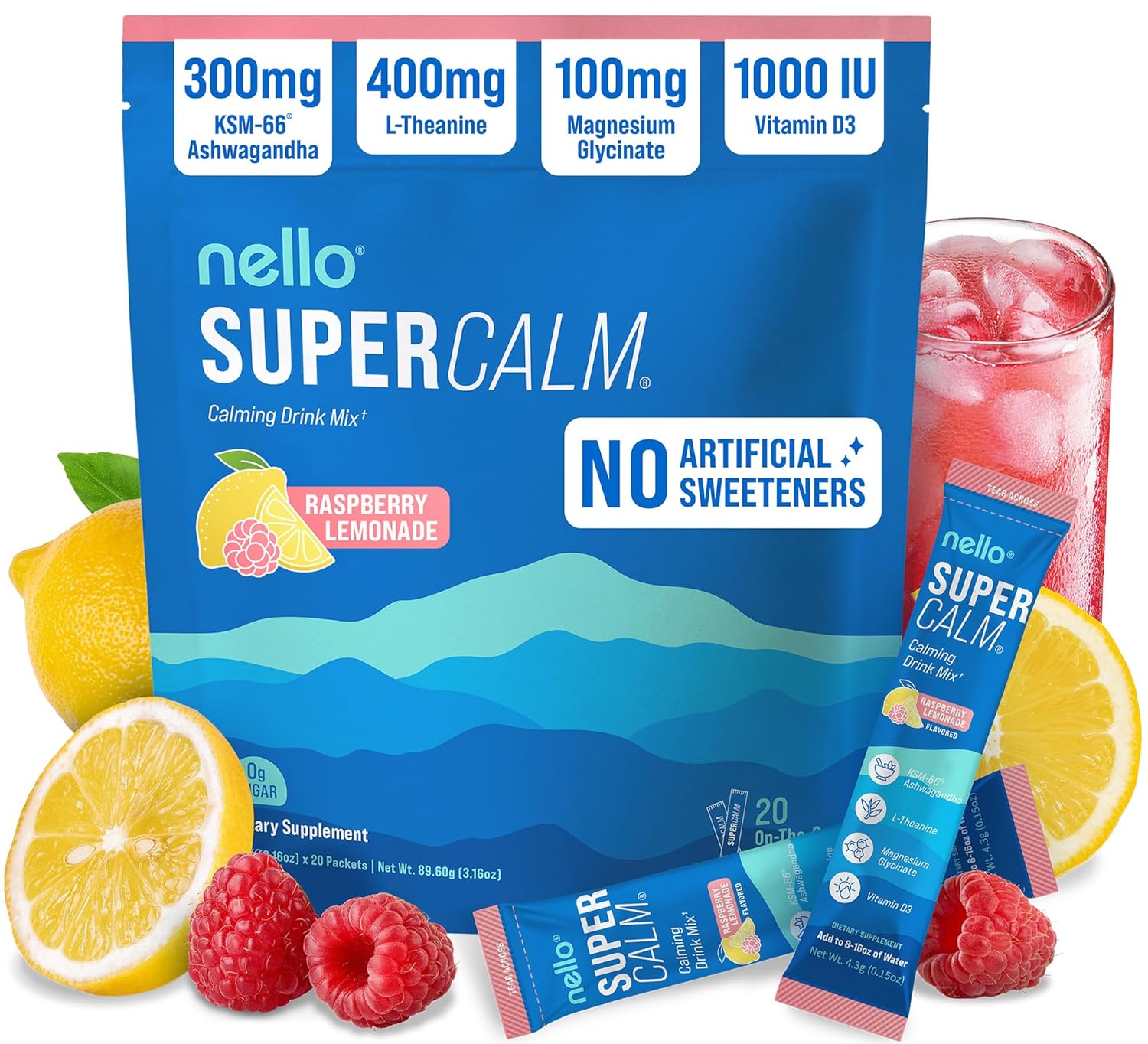 Nello Supercalm Powdered Drink Mix Cortisol Reducer and Sleep Aid Supplement L Theanine Ksm-66 Ashwagandha Magnesium Glycinate Vitamin