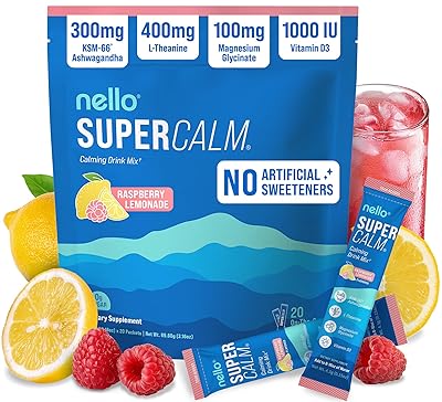 Nello Supercalm Powdered Drink Mix, Cortisol Reducer and Sleep Aid Supplement, L Theanine, Ksm-66 Ashwagandha, Magnesium Glycinate, Vitamin D 3, No Sugar, Non GMO, On The Go, 20 Ct, Raspberry Lemonade
