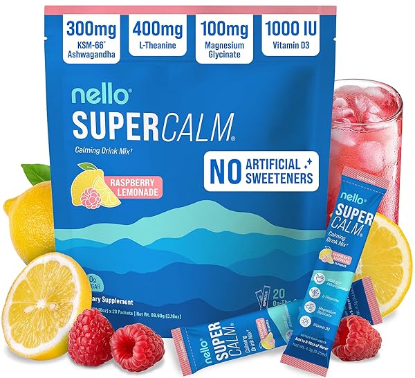 Nello Supercalm Powdered Drink Mix, Cortisol Reducer and Sleep Aid Supplement, L Theanine, Ksm-66 Ashwagandha, Magnesium Glycinate, Vitamin D 3, No Sugar, Non GMO, On The Go, 20 Ct, Raspberry Lemonade