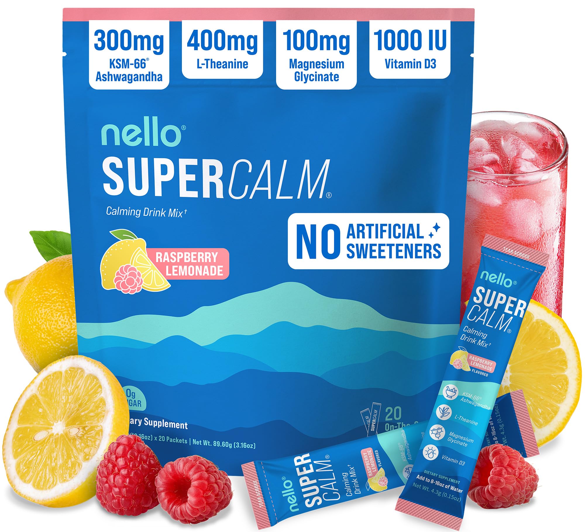 Sponsored Ad - Nello Supercalm Powdered Drink Mix, Cortisol Reducer and Sleep Aid Supplement, L Theanine, Ksm-66 Ashwagandha, Magnesium Glycinate, Vitamin D 3, No Sugar, Non GMO, On The Go, 20 Ct, Raspberry Lemonade