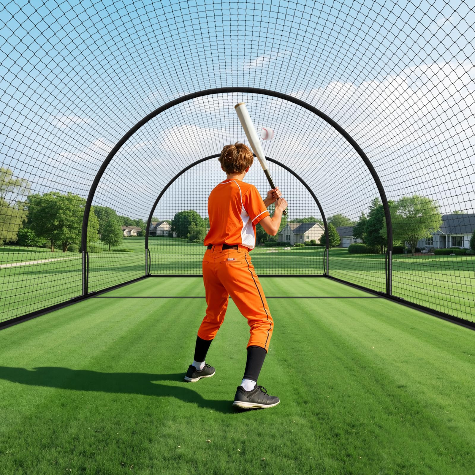 VEVOR Gabbia da Battuta Pop-Up di Baseball 6060 x 3660 x 2500 mm, Gabbia da Battuta Portatile Indipendente con HDPE Annodato a 30 Strati e Apertura per Macchina da Lancio, per Interni ed Esterni