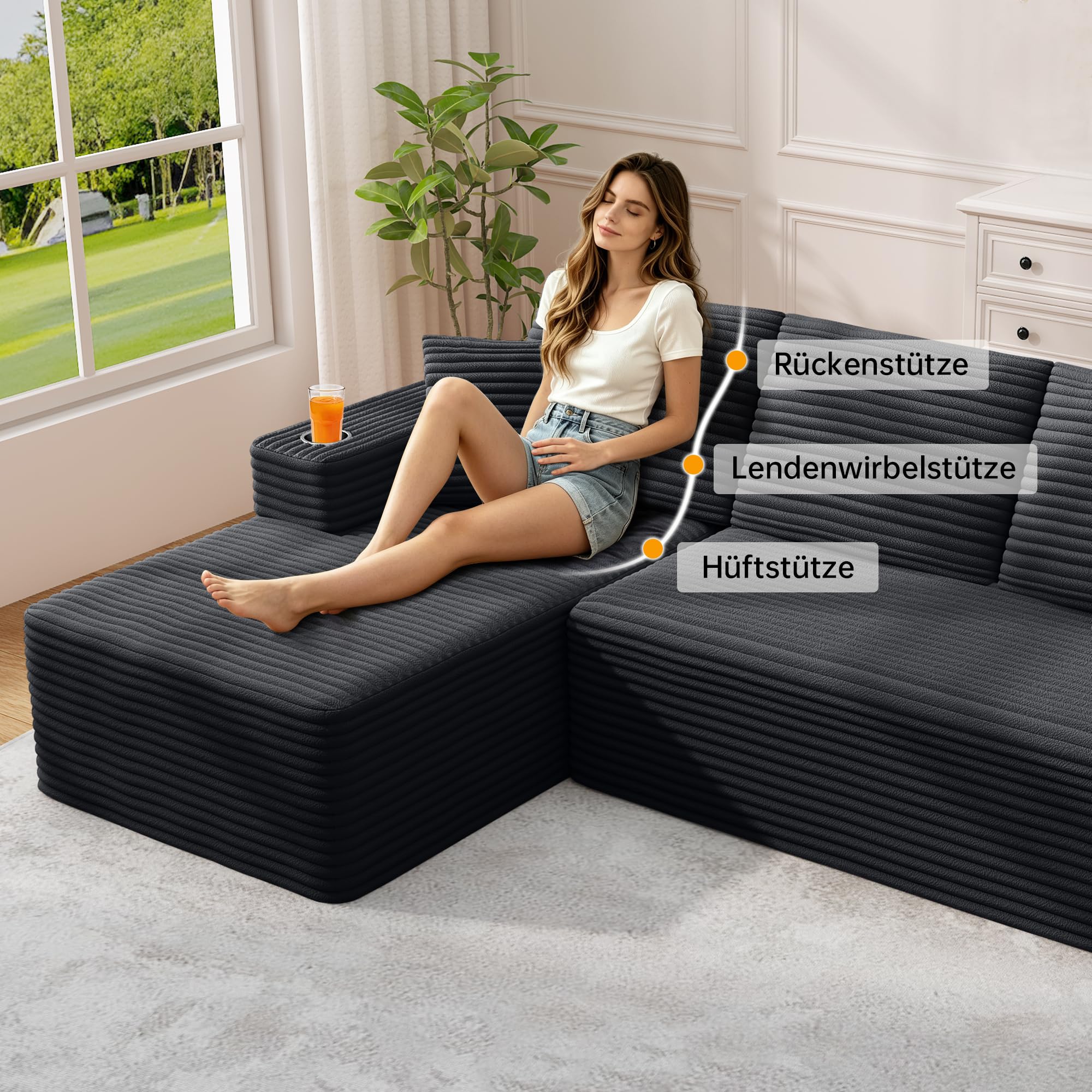 Modulares Sofa 261cm/102” Ecksofa mit Schlaffunktion, L-Form rahmenloses Sofa mit Chaiselongue, Cloud Couch 3 sitzer mit 2 Getränkehaltern, Schaumstoff Sofas für Wohnzimmer, Schwarz