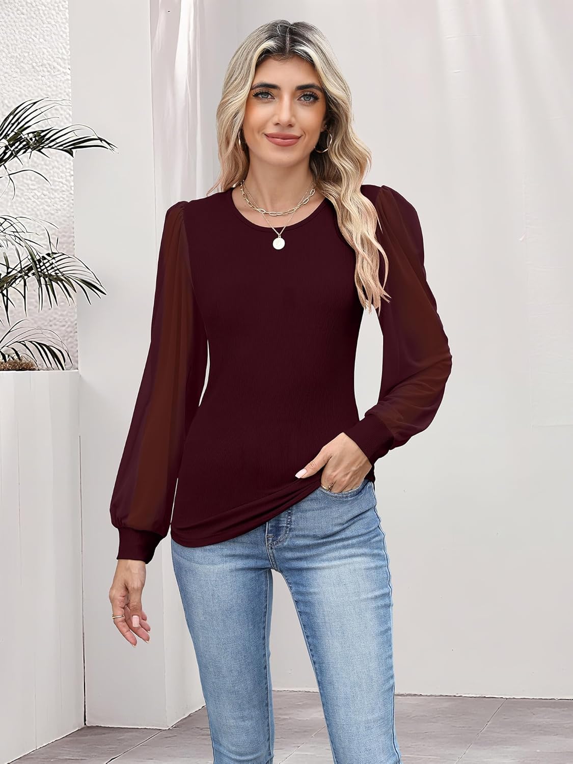 Women's Mesh Long Sleeve Shirts 2025 Fall Ribbed Knit Fitted Tops Business Dressy Casual Work Blouses - Image 5
