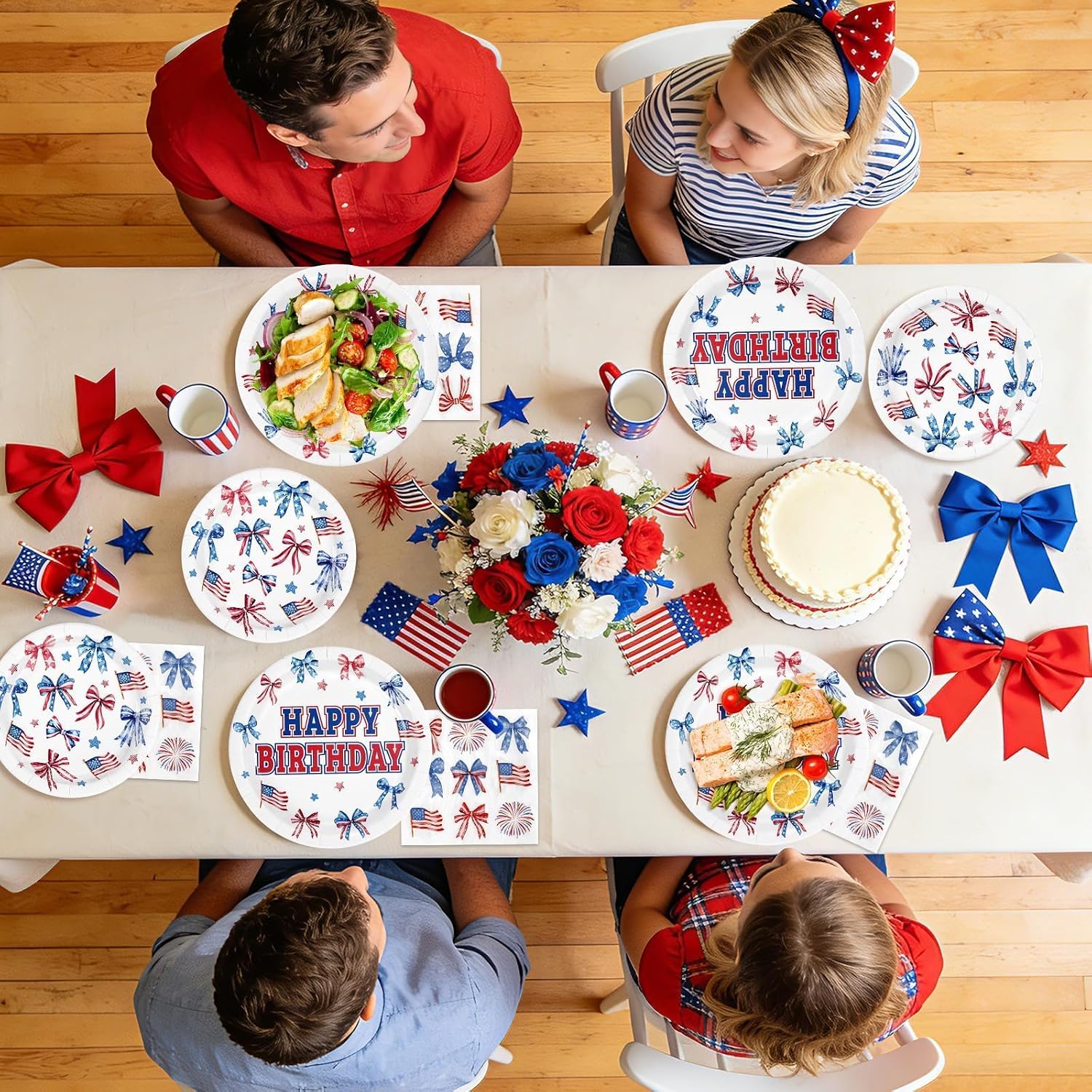 96Pcs Patriotic Birthday Party Supplies 4th of July Bows American Flag Plates and Napkins Red Blue and White Usa Tableware for Girl Happy Birthday Memorial 250 Anniversary Day Party Supplies Serves 24