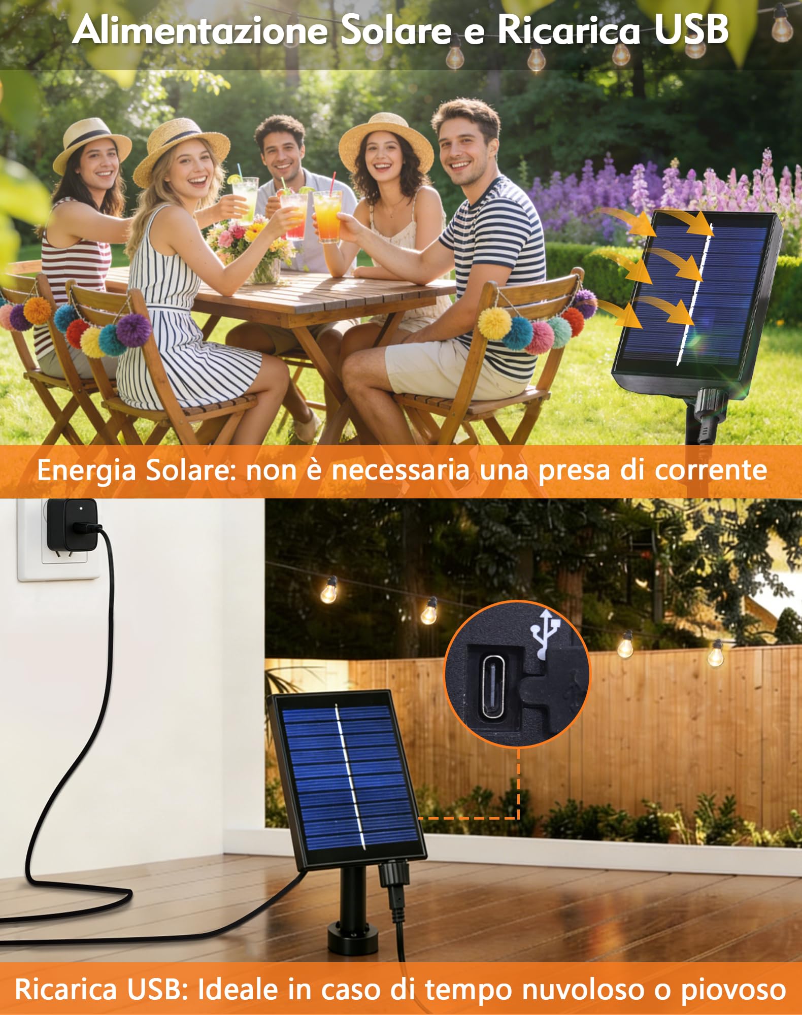 Catena Luminosa Esterno Solare 10M, Luci Solari Giardino con 15+1 Lampadine G40, 8 Modalità di Luce, Luminosità Regolabile, IP44 Impermeabile, Filo Luci LED per Giardino Terrazza Gazebo