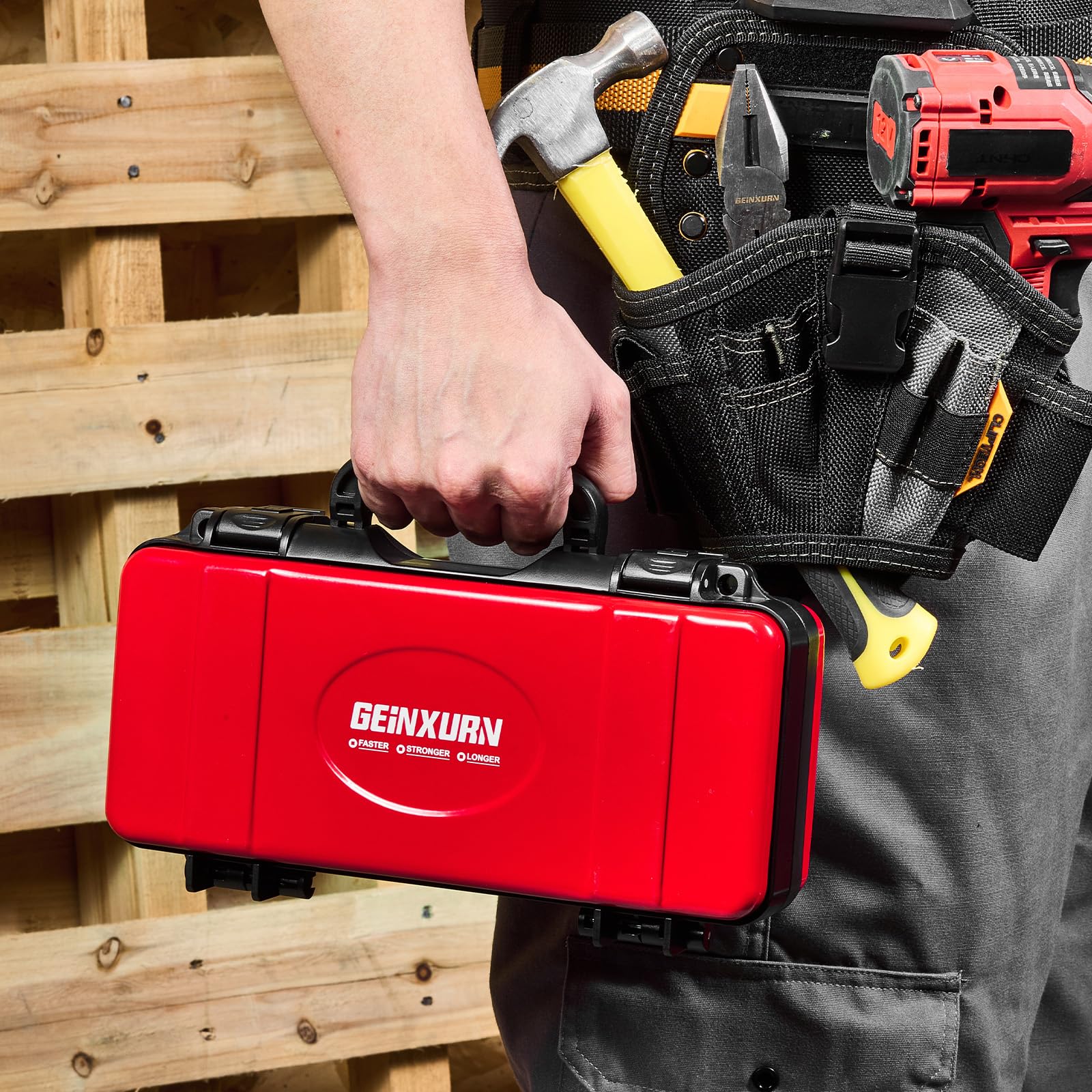 Geinxurn Juego de 3 cajas de herramientas de acero con cierre de seguridad y asa para guardar y organizar herramientas, color rojo, negro y amarillo