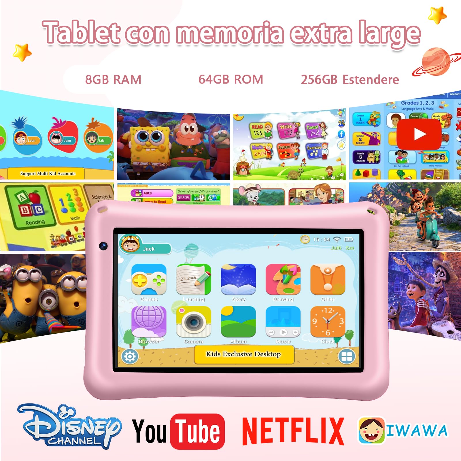 Tablet Bambini 7 Pollici Android 13 Octa Core 8GB RAM 64GB ROM Espandibile 256GB Schermo IPS Controllo Parentale Custodia Antiurto Rosa