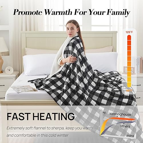 Miniatura 2 de Westinghouse Manta térmica eléctrica, manta térmica Sherpa a cuadros, 10 niveles de calefacción y 1 a 12 horas de tiempo de calentamiento, cuadros
