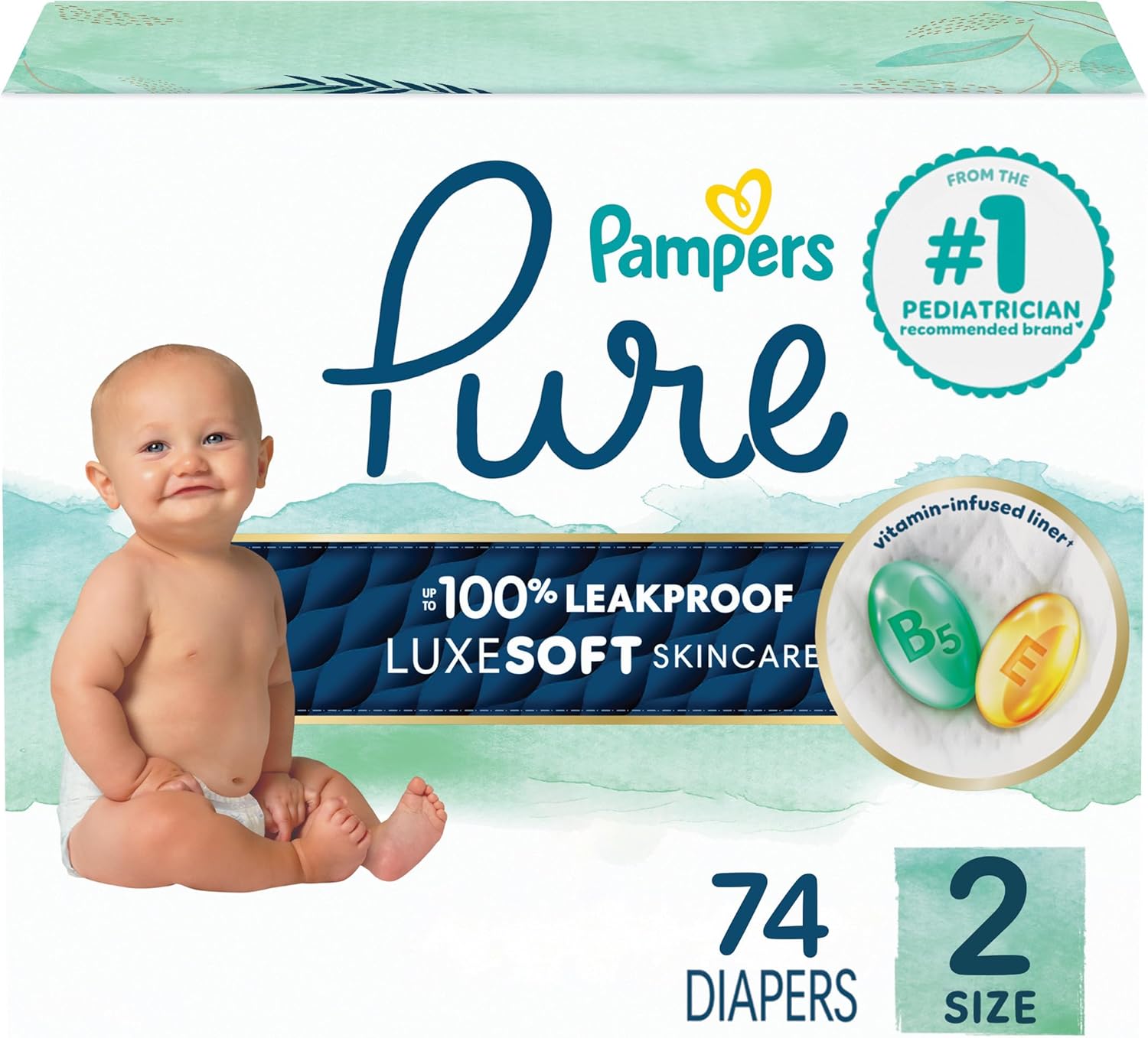 Pampers Baby Diapers - Pure Protection - Size 2, 74 Count, for up to 100% Leakproof, Premium Plant-based Skin Protection Size 2 74