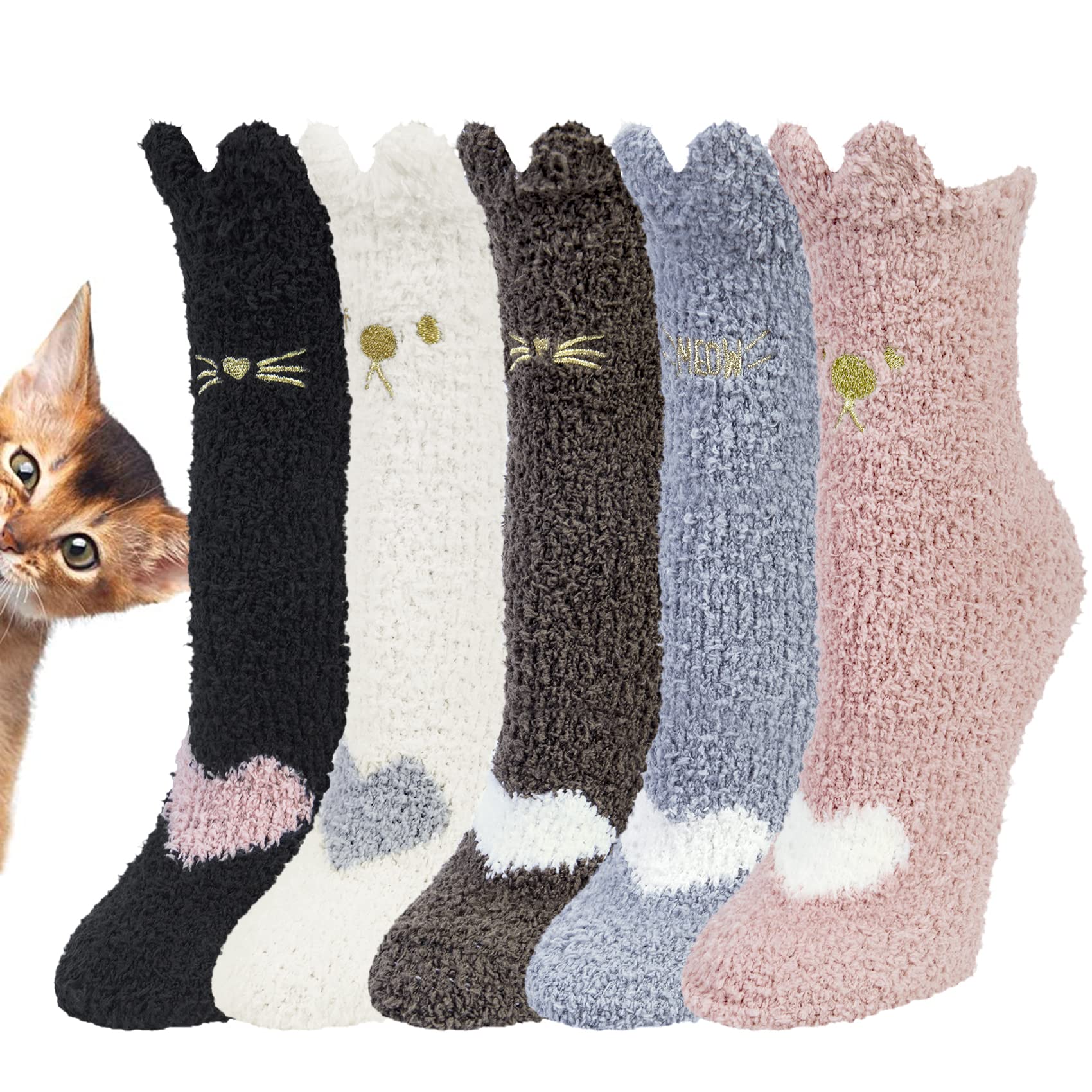 Women Fluffy Soft Slipper Bed Socks Warm Cosy Cute Cat Socks for Birthday Party Women Gifts,5 Pairs