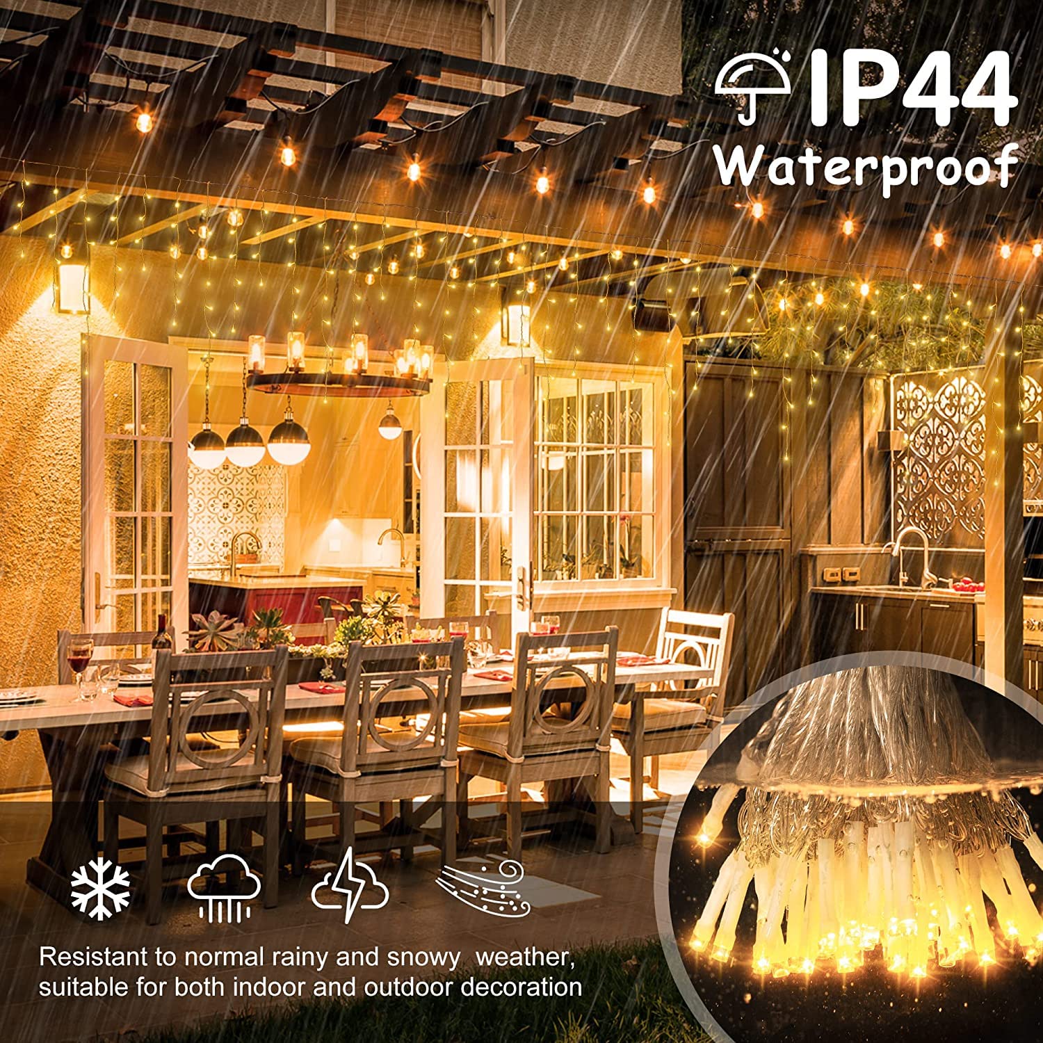 Qedertek Luci Natale Esterno Cascata 5M 216 LED Tenda Luminosa Bianco, Natalizie con Telecomando, 8 Modalità, Timer Decorazione per Feste, Finestra, Balcone