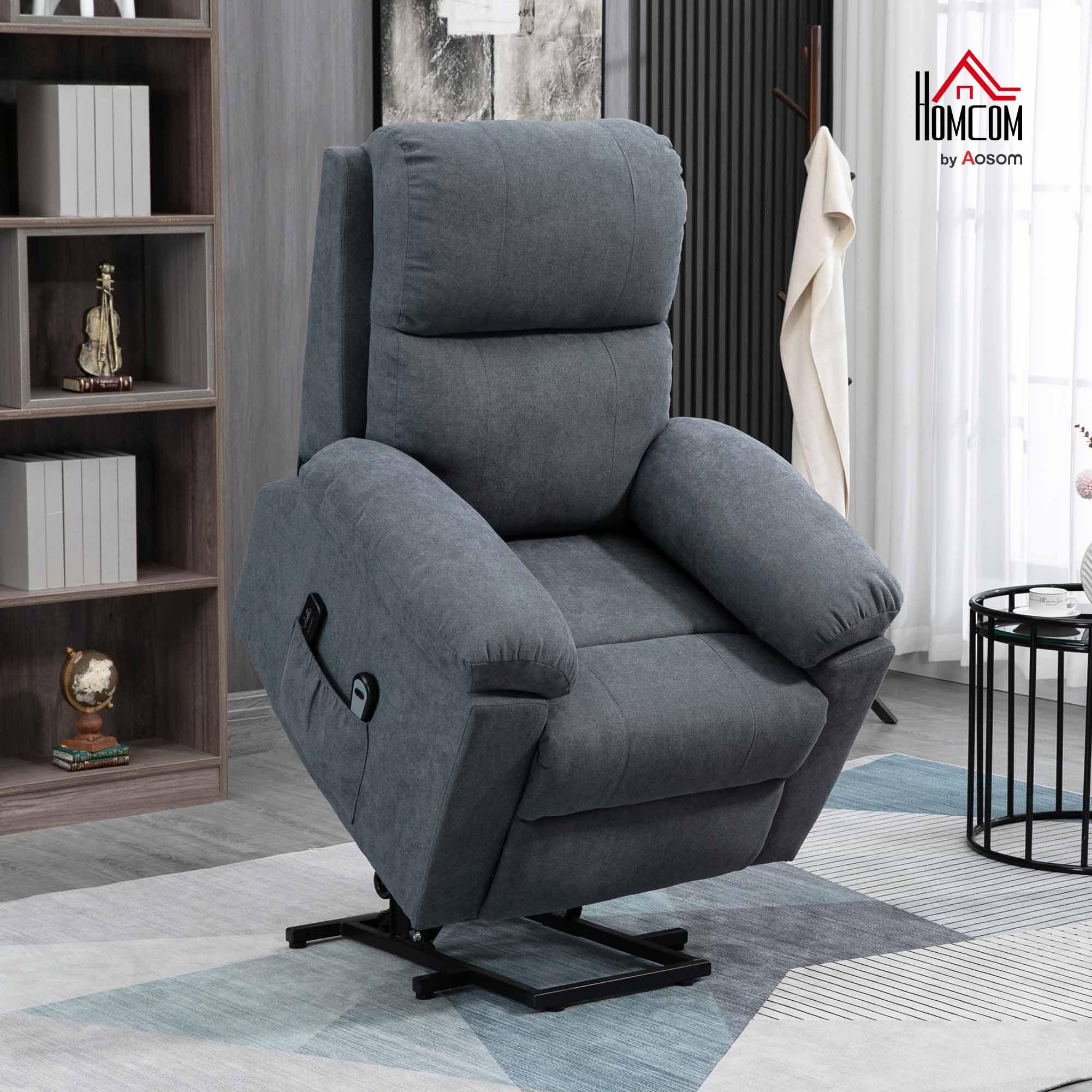 HOMCOM Poltrona Elettrica Alzapersona Reclinabile 135°, Poltrona Relax Elettrica in Tessuto Effetto Lino con 8 Punti Massaggio, Telecomandi, Poggiapiedi, 2 Tasche Laterali per Soggiorno, Grigio