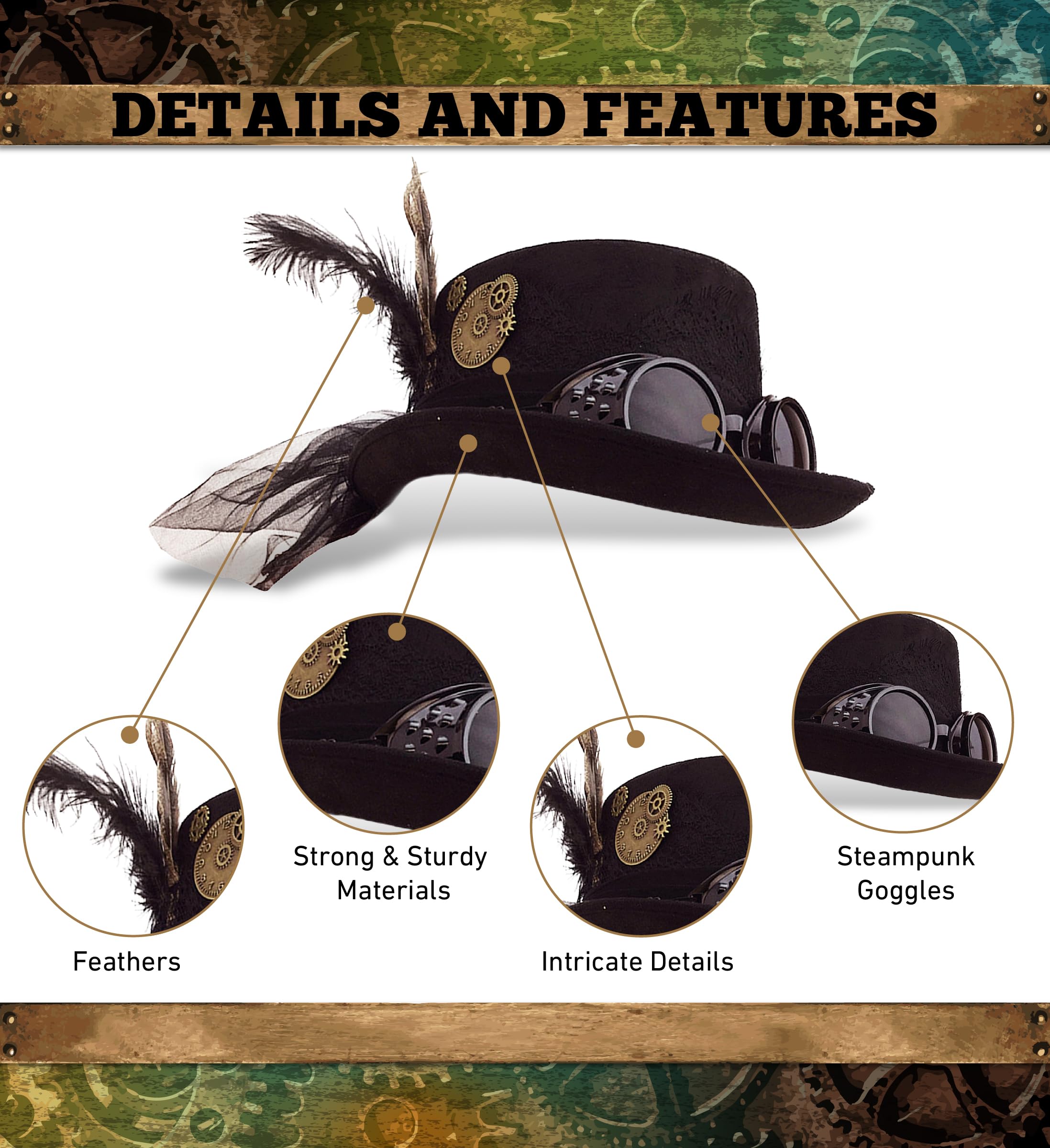 Attitude Studio Fedora Steampunk Hat with Goggles, Feathers, and Gears - Black - Image 3