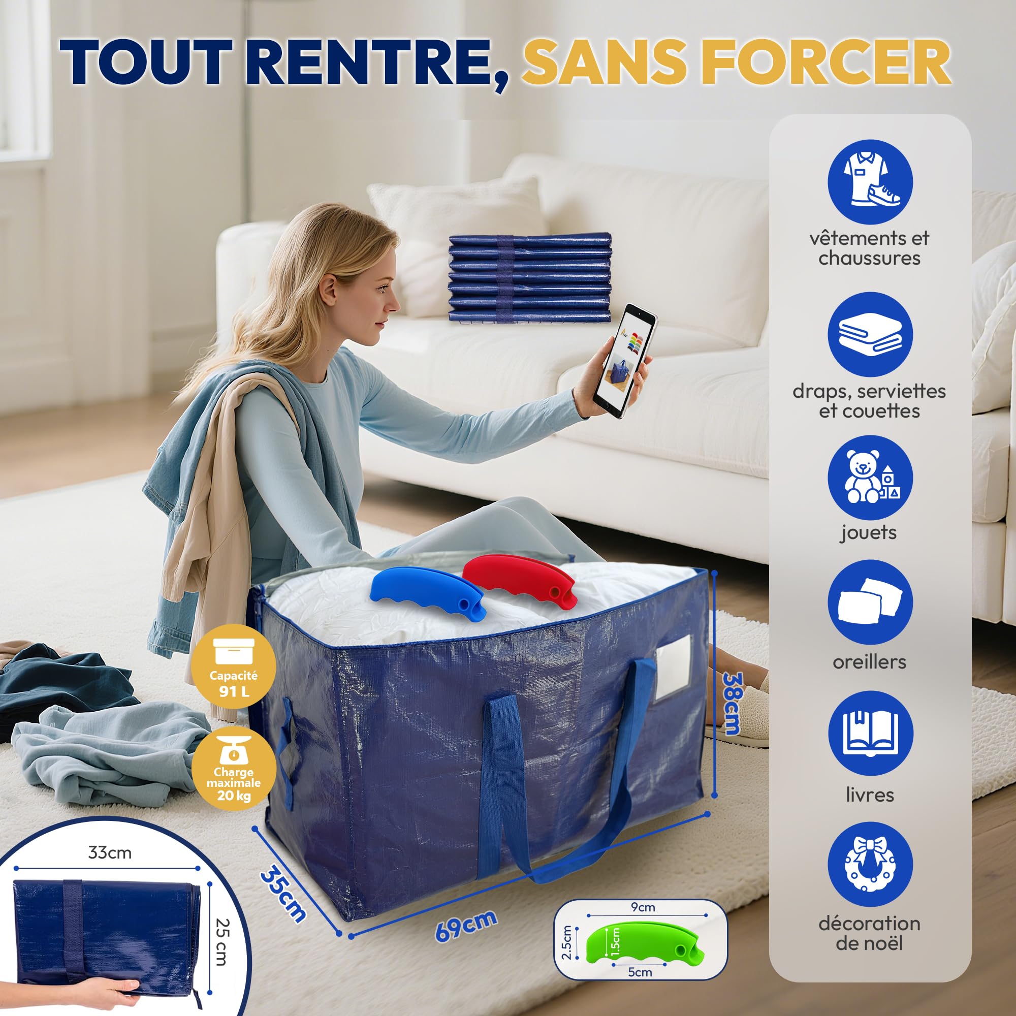 AXAM Sac de Déménagement XL 91 L [Lot de 4] – Sac de Rangement Ultra Résistants avec Poignées Confort en Silicone – Alternative Écologique au Carton – Pliables, Imperméables et Empilables