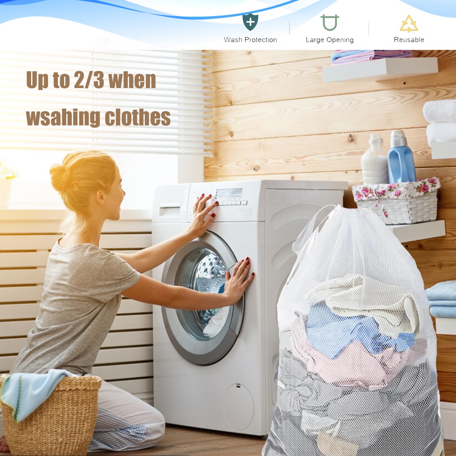 Sac à Linge En Maille 60x80 Cm - Avec Cordon De Serrage - Lavable En Machine - Blanc - Pour Voyage, Dortoir, Maison - 7