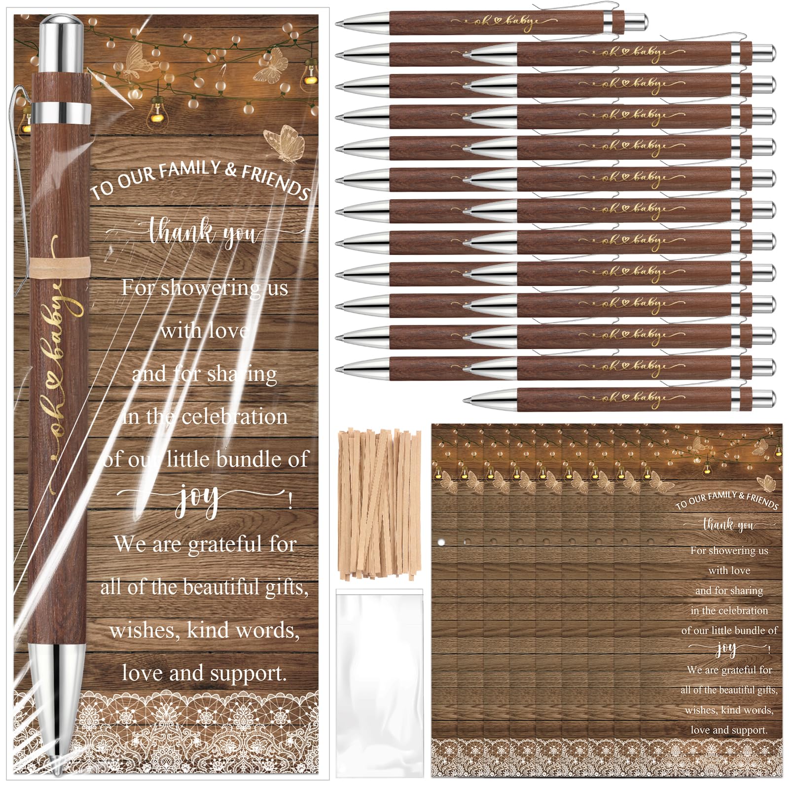 Spakon 36 Sets Rustic Baby Shower Pens for Guests with Baby Shower Bookmarks Favors Walnut Bamboo Ballpoint Pens Return Gifts Game Prizes Souvenirs