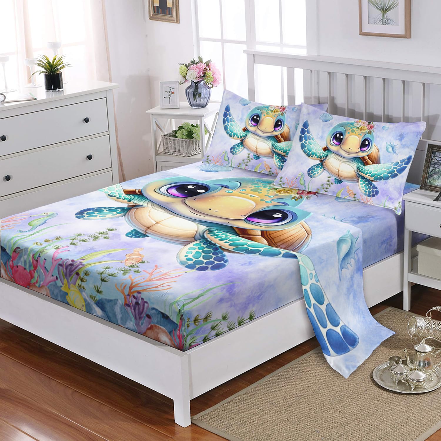 XYNHML Turtle Sheet Twin 4Pcs Ocean Life Shell Bedspread Set Kid Fish Crab Bedding Set for Boy Girl Watercolor Tortoise Seaweed Pattern Bed Set with 1 Flat Sheet and 1 Fitted Sheet+2 Pillowcases
