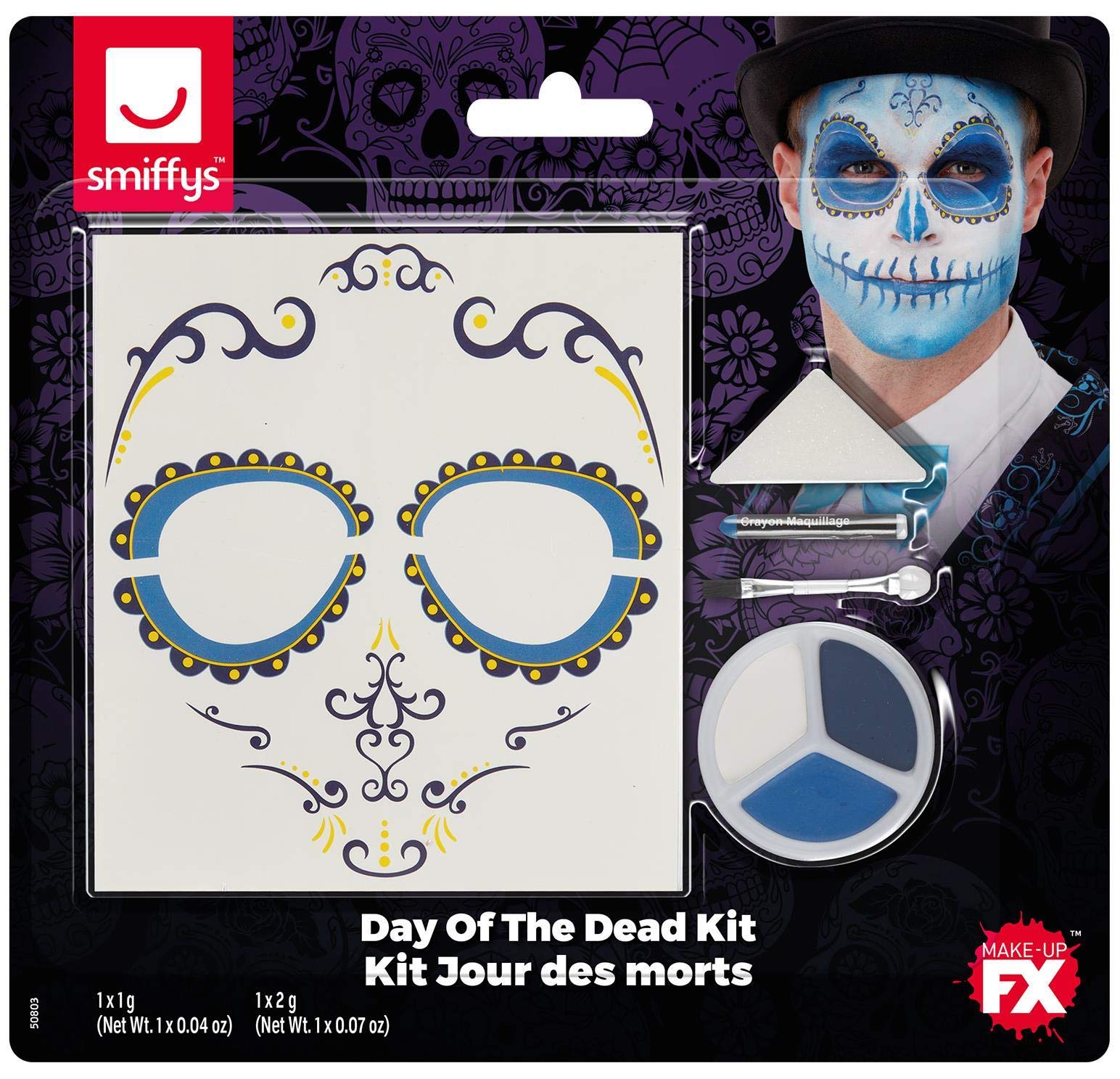 Smiffys Make-Up FX, Day Of The Dead Kit, Aqua, Blu Facepaints, Transfers, Crayon, Sponge & Applicator, Cosmetics and Disguises Fancy Dress, Halloween Dress Up Cosmetics & Disguises.