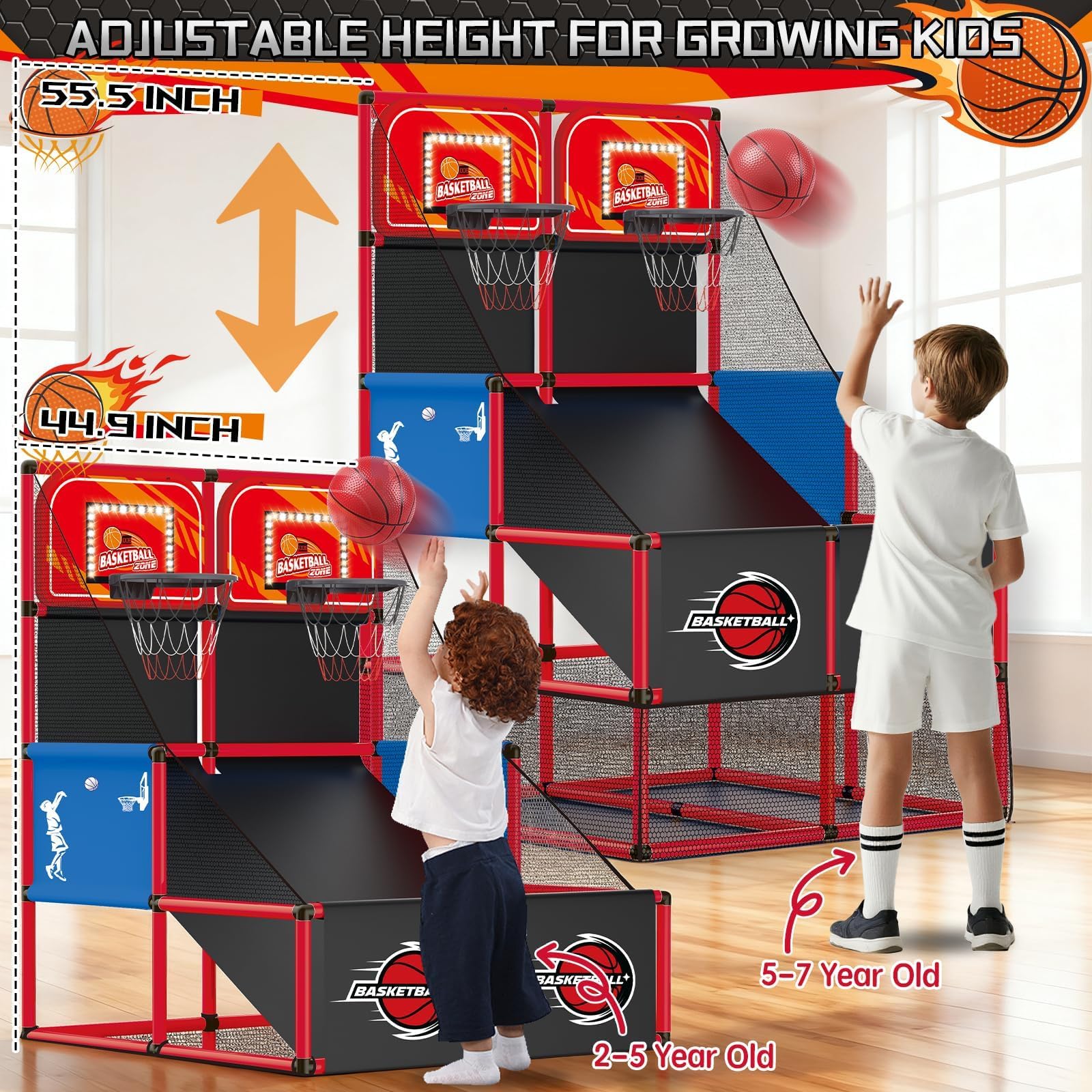 Arcade Toy Basketball Spielset für Kinder mit Punktetabelle – Elektronisches Basketballkorb für Kinder Sport-Spielzeug für drinnen und draußen, Geschenk für Mädchen Jungen 3 4 5 6 7 Jahre (Rot)