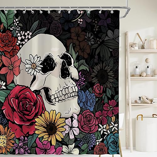 Miniatura 2 de Cortina de ducha de Halloween con diseño de calavera hippie gótica para baño, 72 pulgadas de ancho x 72 pulgadas de alto, espeluznante, rústico,