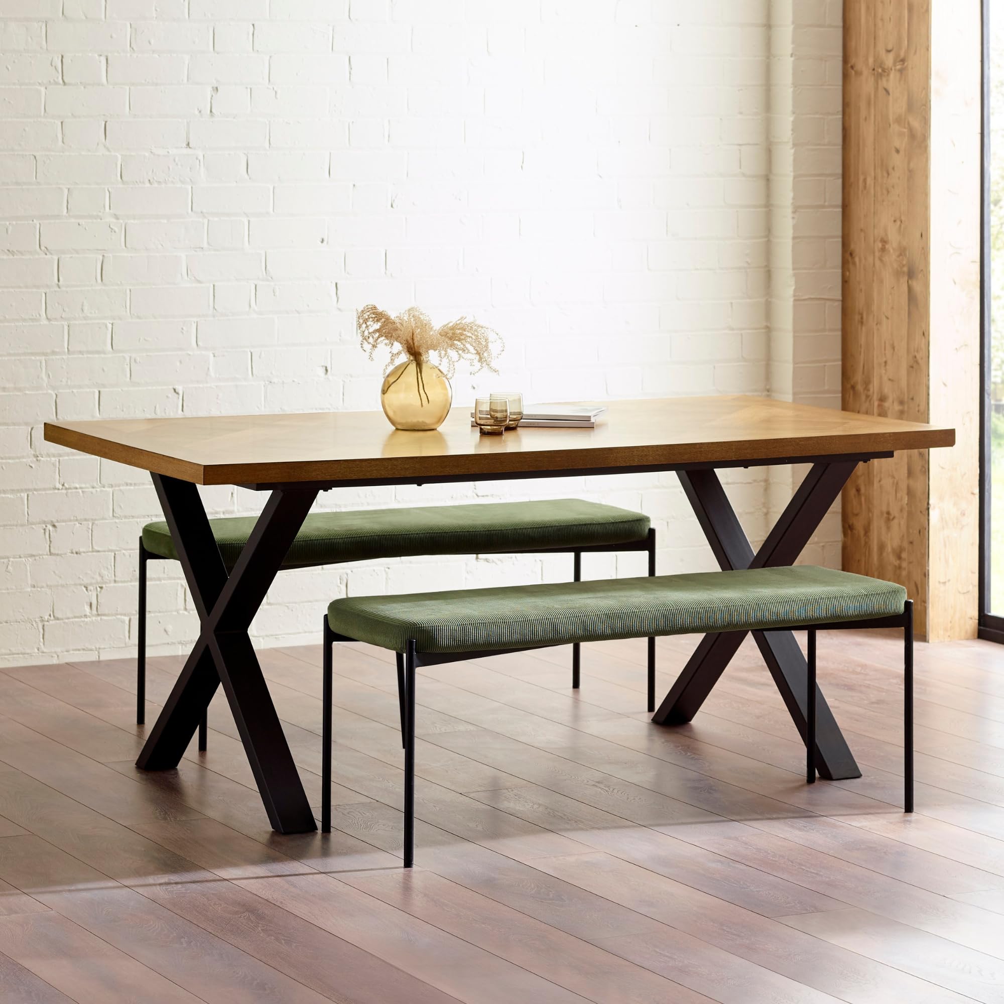 Julian Bowen Aron Dining Table - Brown - Herringbone Pattern - Wood Veneer & Metal Frame
