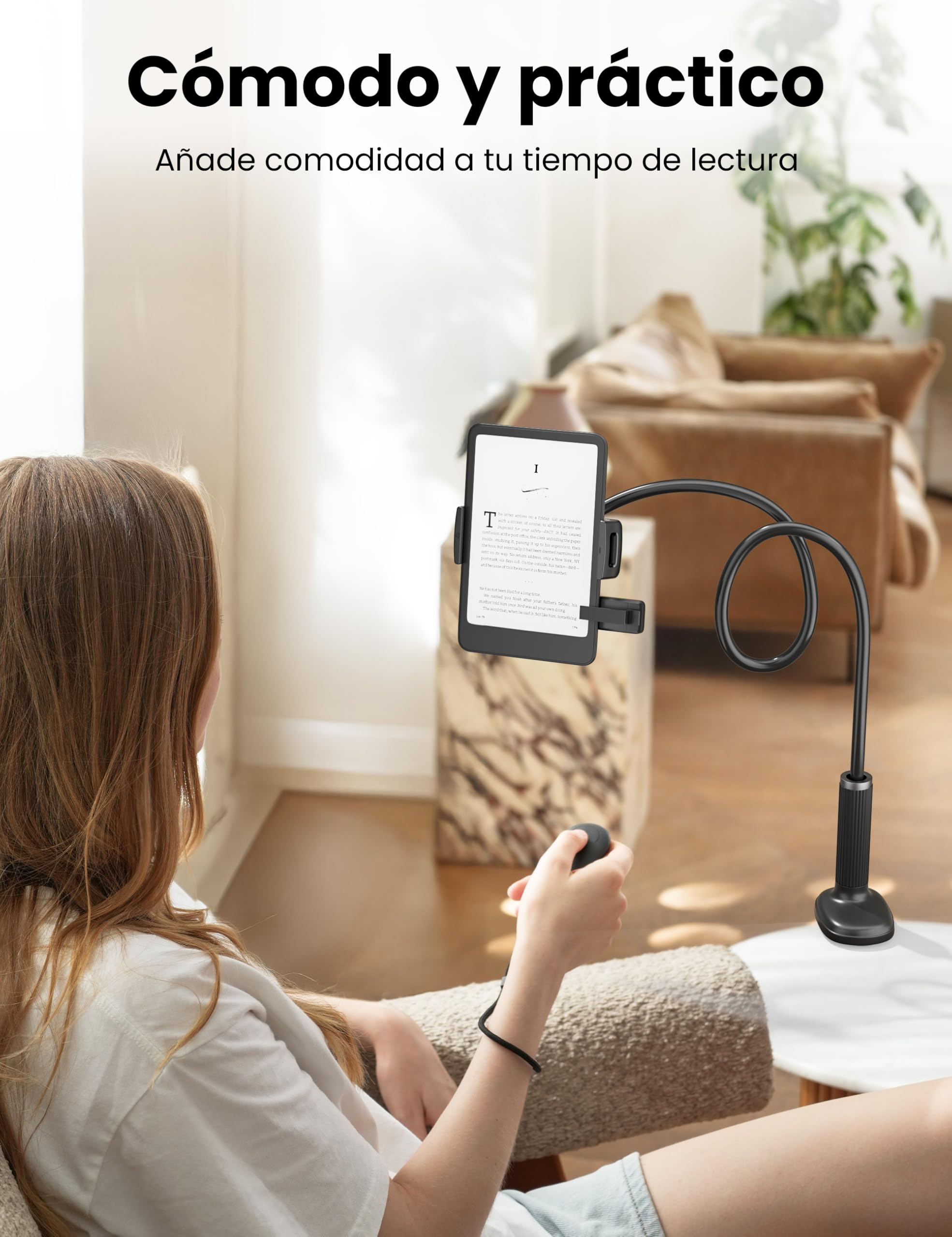 VOLTIFYMAX Soporte para Tablet con Pasapáginas Kindle para Leer en la Cama, Brazo Ajustable de Cuello de Cisne para Accesorios Kindle/Tabletas/iPhone 4.7''-11'', Ideal para Entusiastas de E-readers
