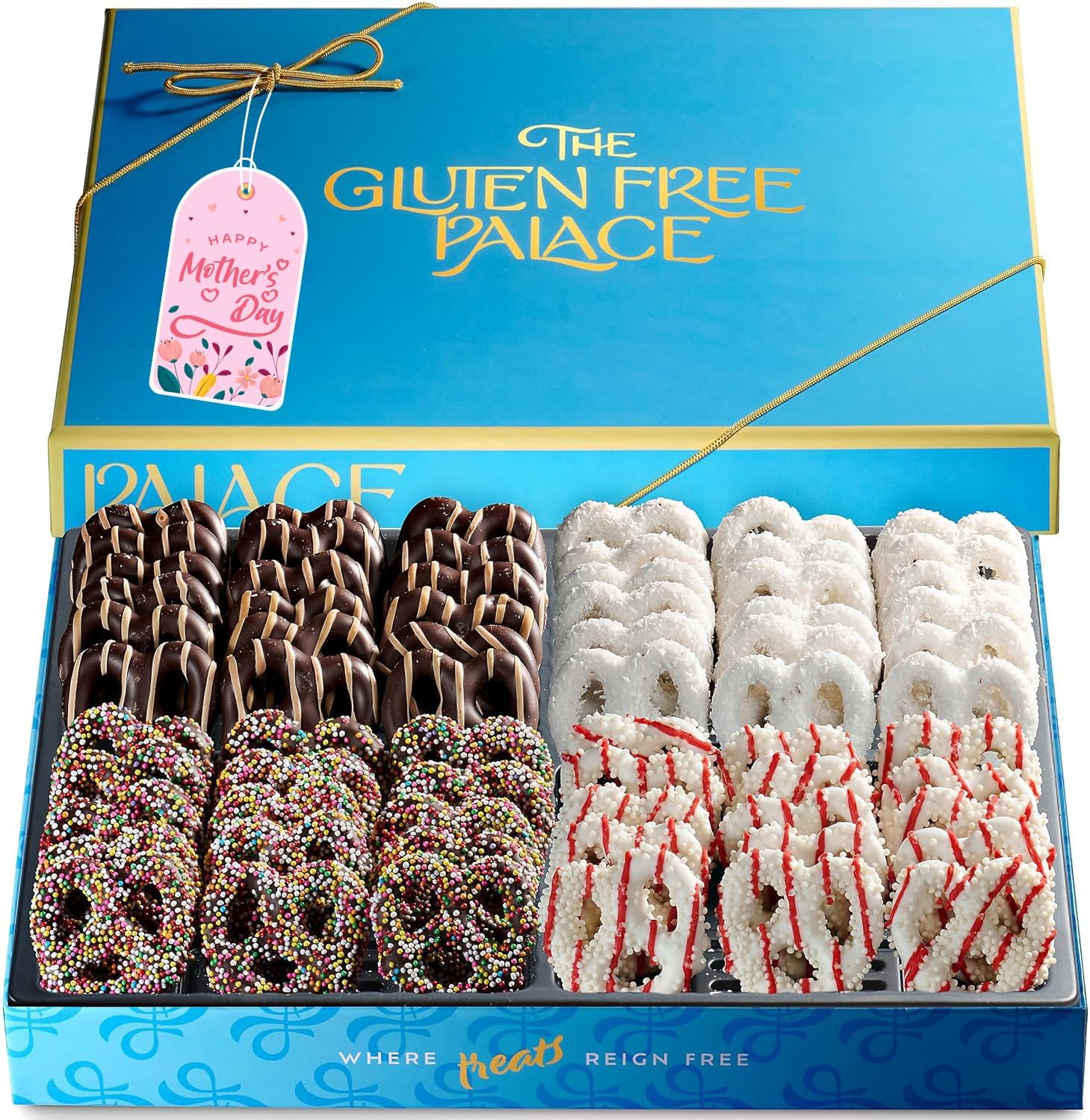 Gluten Free Palace Chocolate Covered Pretzels Gift Box – Gluten Free Mother’s Day Chocolate Covered Pretzels Gift Basket – Sweet & Salty Treat Basket for Mom, Wife & Women – Gift Basket for Family & Friends (4 Flavors)