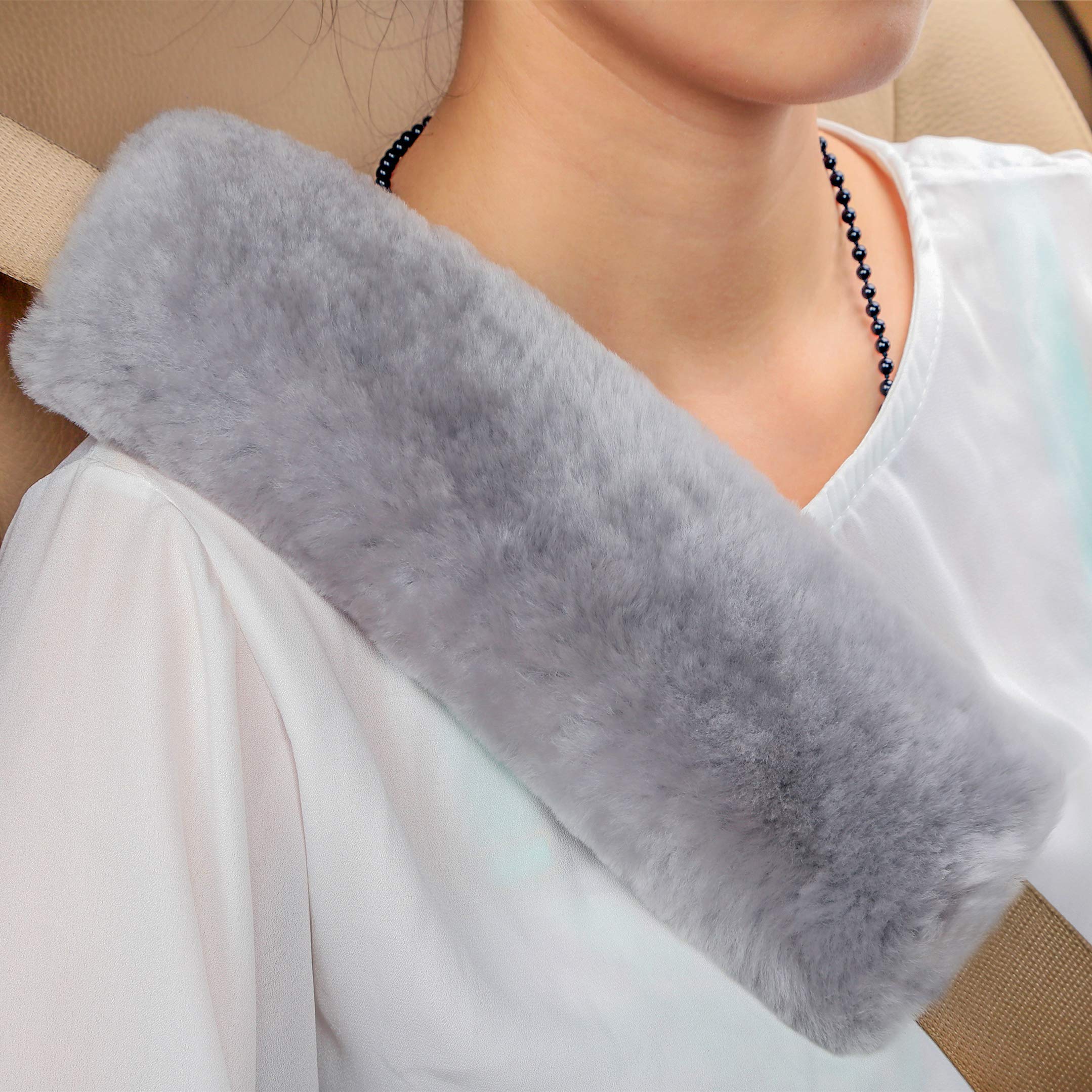 2pc Soft Genuine Sheepskin Wool Auto Seat Belt Cover Seatbelt Shoulder Pad for a More Comfortable Driving, Compatible with All Cars(Gray)…