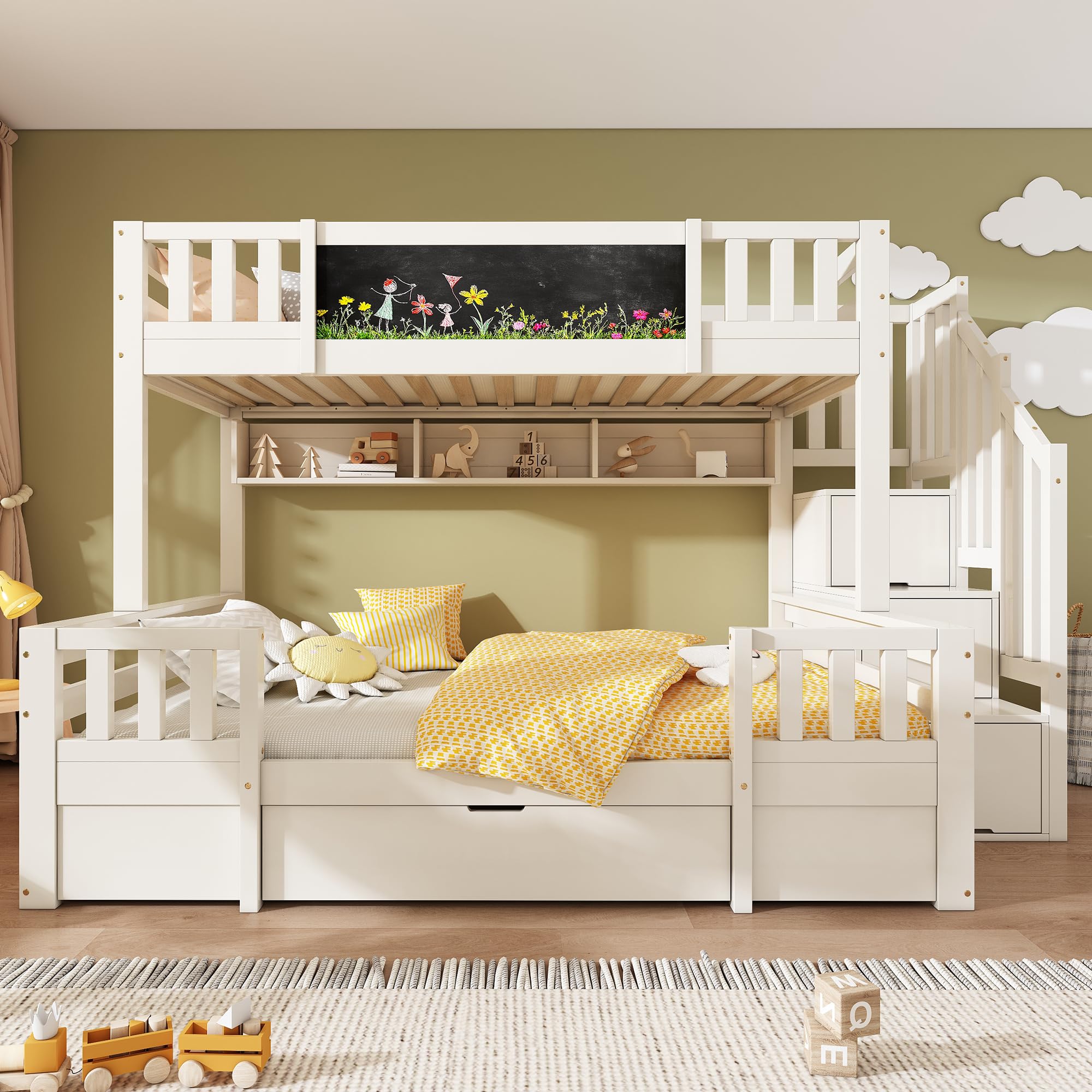 Sapgaks Lit superposé Enfants en Bois Massif 90/140x200 avec Tableau Noir, échelle de Rangement, 2 tiroirs,lit Enfant,Cadre de lit 2 Personne avec Garde-Corps et sommier à Lattes (A-Blanc)