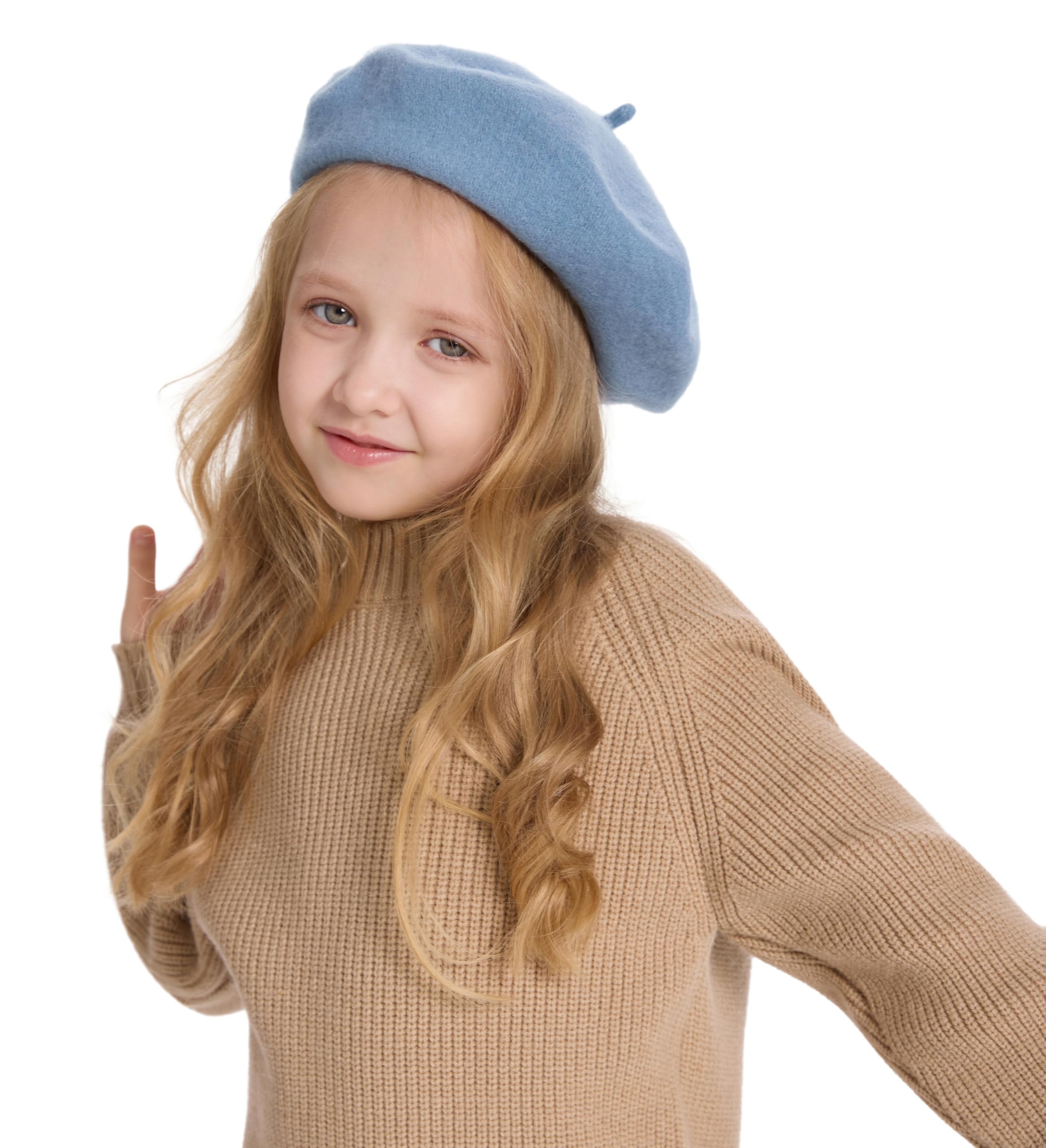 ZLYC Wool Kids Beret Hat Girls Solid Color Artist French Beret Cap(Sky Blue) - Image 2