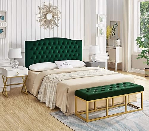 Miniatura 75 de 24 KF – Cabecero tapizado, copetudo, con relleno y botones y banco largo acolchado Marfil/Negro-48 Pulgadas,Negro/Dorado - 48