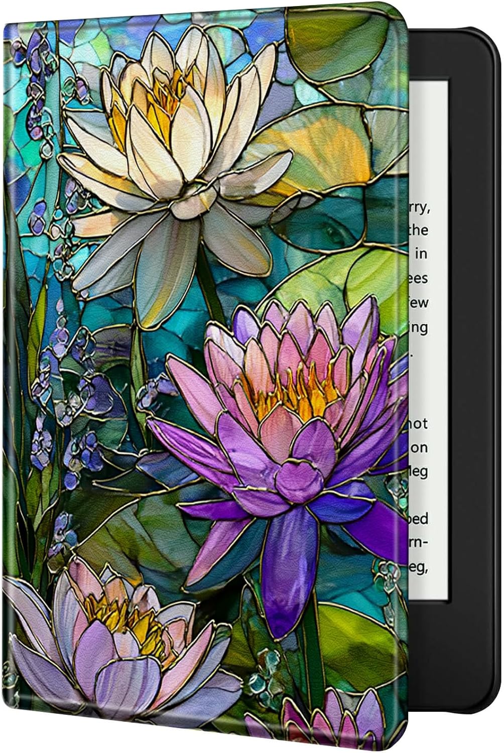 Case for 7" Kindle Paperwhite (12th Generation, 2024 Release) and Kindle Colorsoft Slim Fit Standing Cover with Auto Sleep/Wake, Water Lily Stained Glass Cover for Girl Women Boy Men