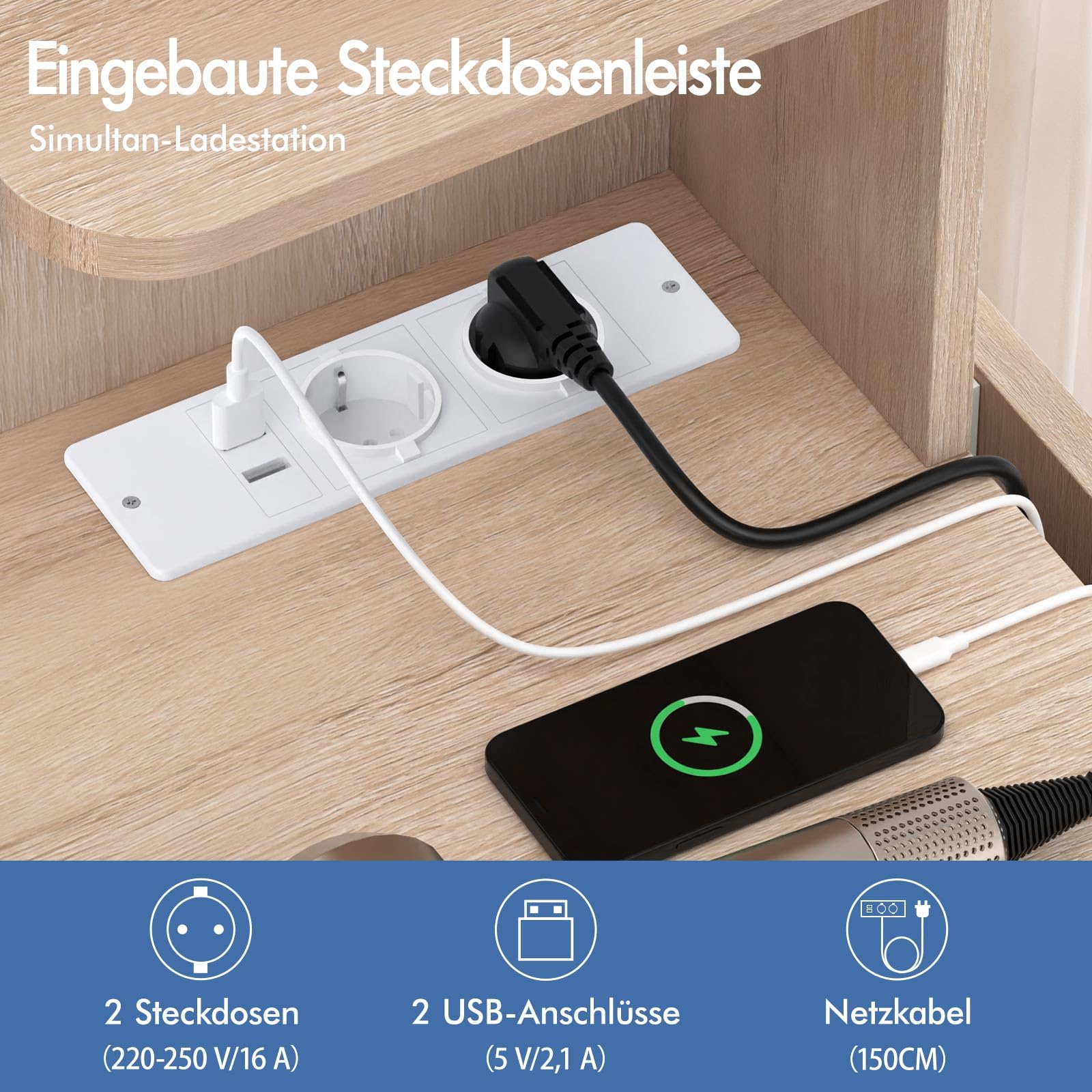 ALFORDSON Schminktisch mit Beleuchtung, Hocker, 6 Offene Regale, Eiche