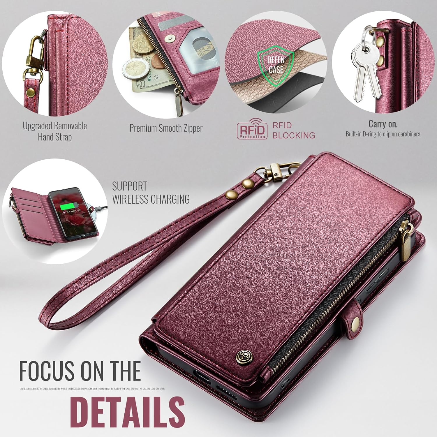 Defencase Compatible with Samsung Galaxy S21 Ultra Case Wallet with RFID Blocking Card Holder for Women, PU Leather Magnetic Snap Flip Zipper Strap Wallet Case Fit for Galaxy S21 Ultra 5G, Wine Red