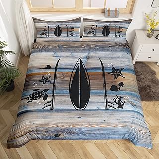 Nautical Duvet Cover Queen Size,Tropical Coastal Starfish Turtle Fish Bedding Set for Kids,Lake Surfboard Comforter Cover,Rustic Wooden Barn Door Bed Sets with 2 Pillowcases for Camping Bedroom Decor