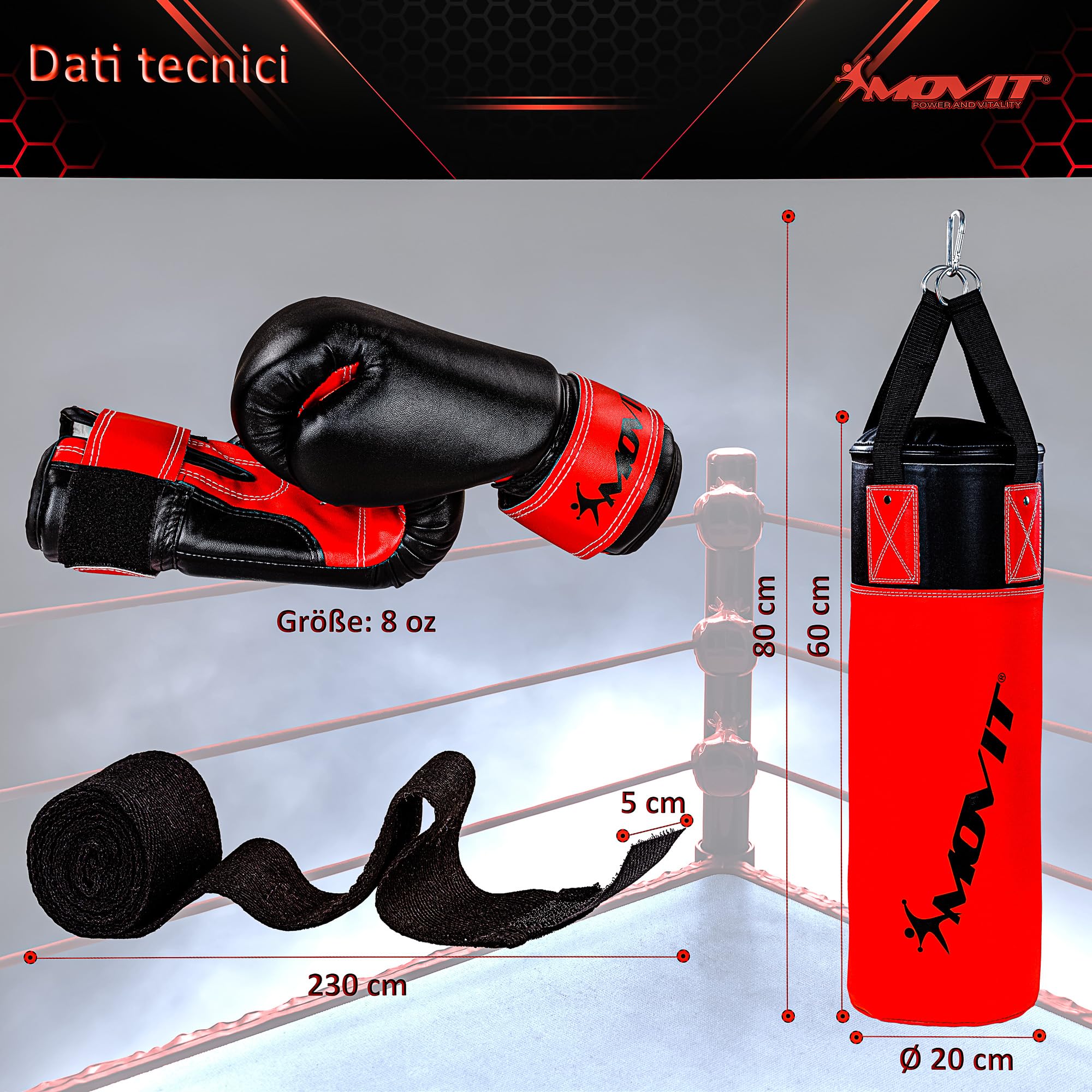 Set Sacco Da Boxe MOVIT 5,5 Kg - Con Guantoni E Bende, Per Bambini/Ragazzi, Allenamento Pugilato, MMA, Fitness