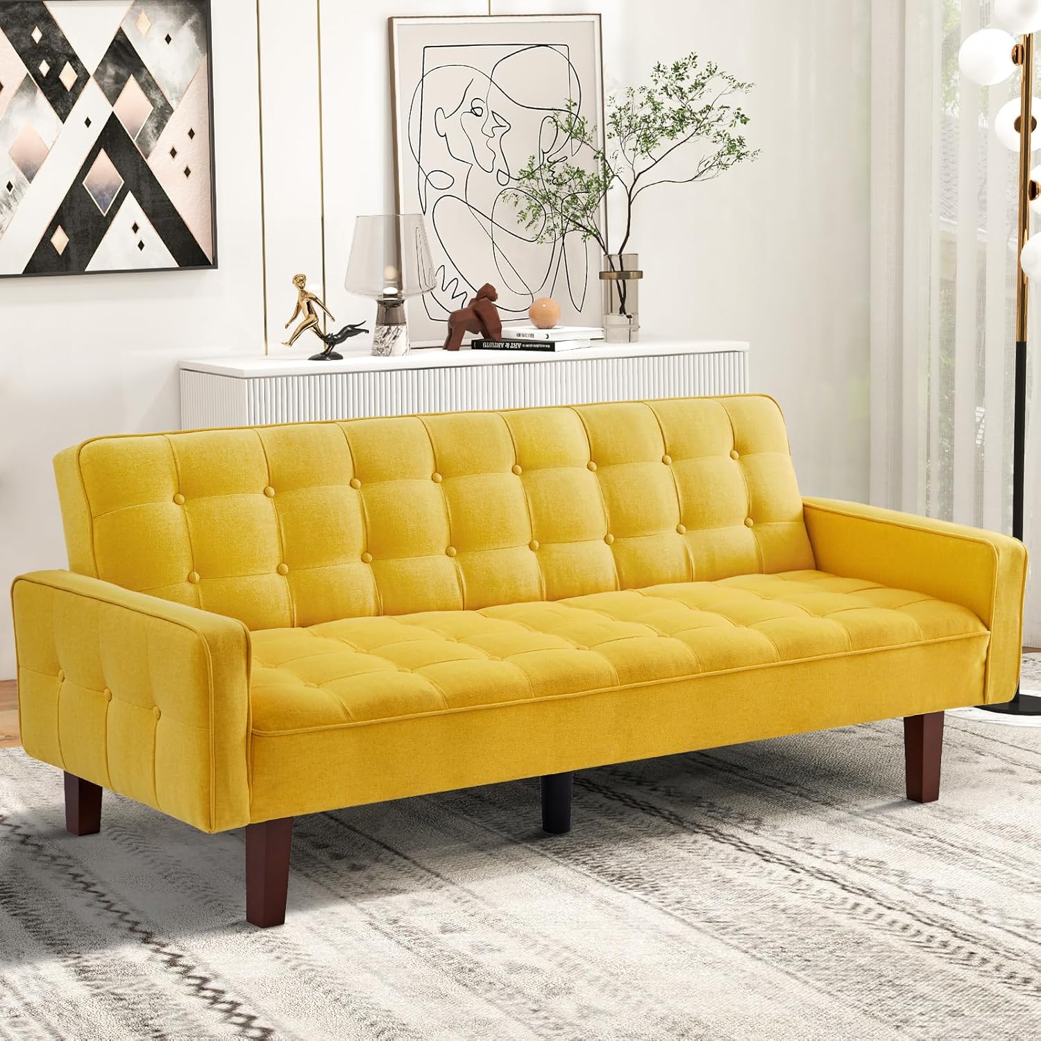 73.62" Linen Futon Sofa Bed, Adjustable Convertible Loveseat Sleeper Couch with Tapered Wood Legs for Small Space Living Room, Yellow