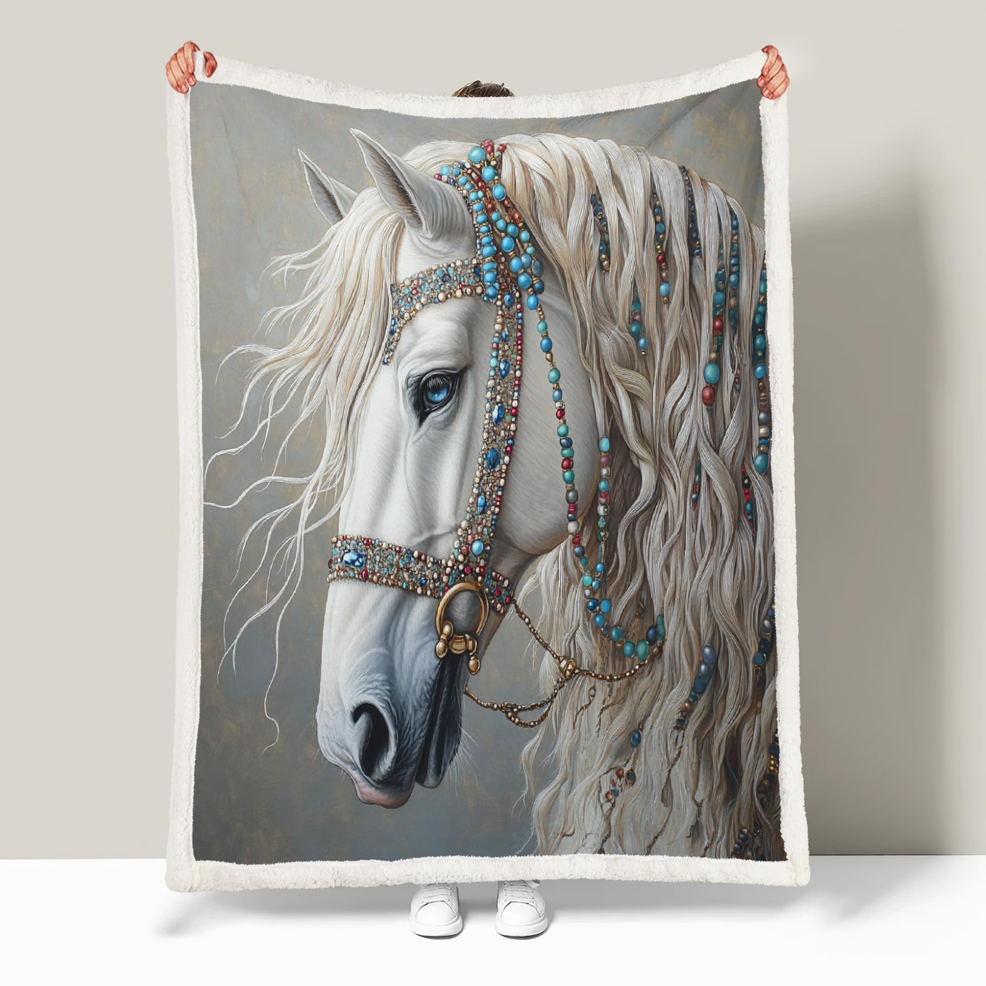 Générique Cheval Blanc Couverture Polaire Epaisse Hiver Adulte 3D Animal Plaid Canape Chaud Doux en Flanelle Jeté de Canapé pour Couvre lit 2 Personnes pour Fille Garcon 150x200 cm