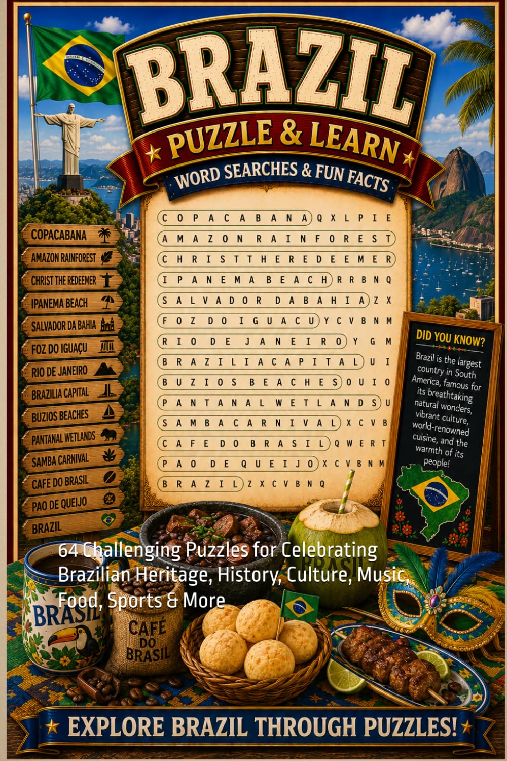 Brazil Word Search Puzzle and Learn: 64 Challenging Puzzles for Celebrating Brazilian Heritage, History, Culture, Music, Food, Sports & More (Explore The World Word Search Series - Puzzle and Learn)
