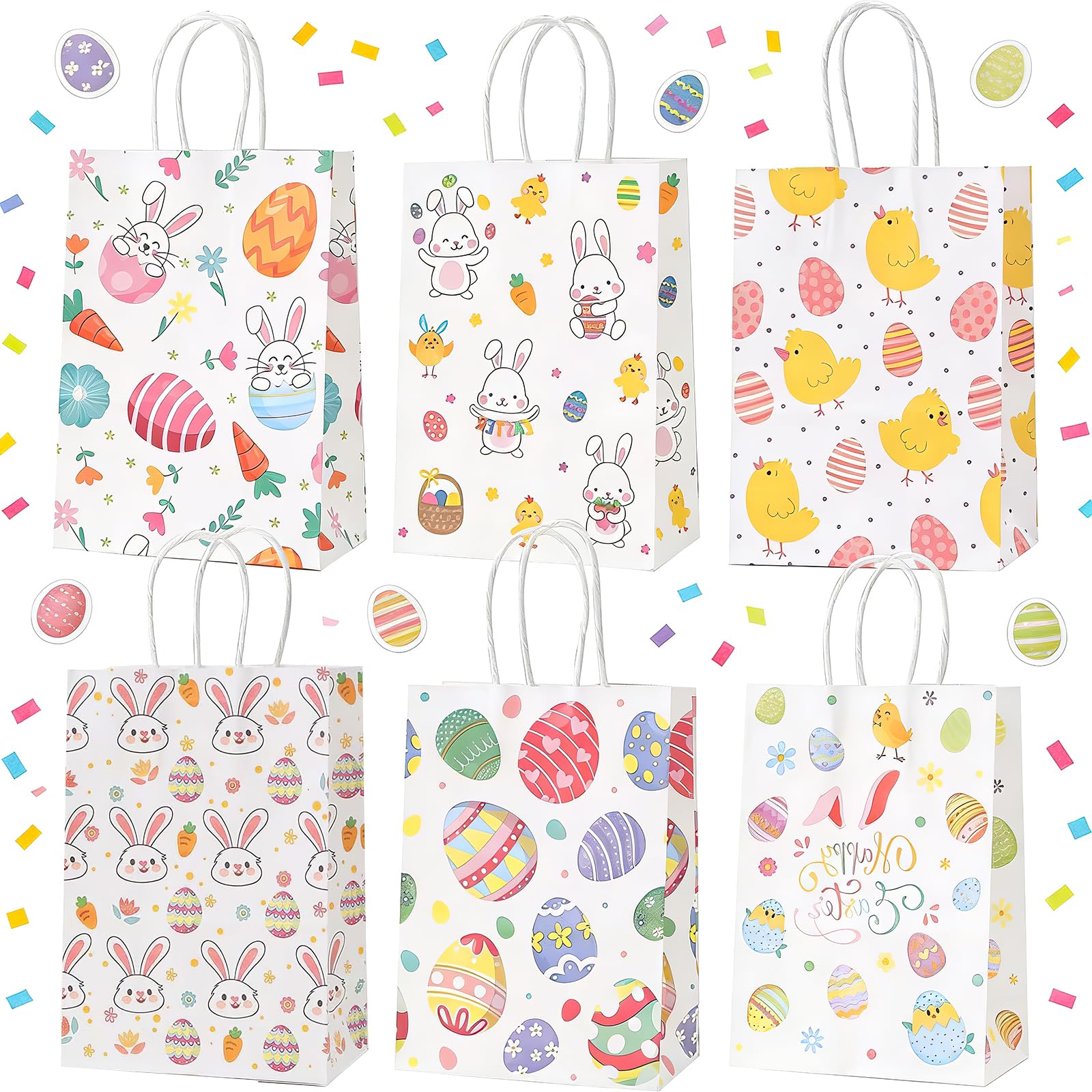 6 Pcs Easter Gift Paper Bags, Goodie Candy Gift Bags, Easter Bags for Kids, Easters Bunny Gift Bag with Handles Goodie for School Party Bunny And Eggs Basket Containers Decor Supplies
