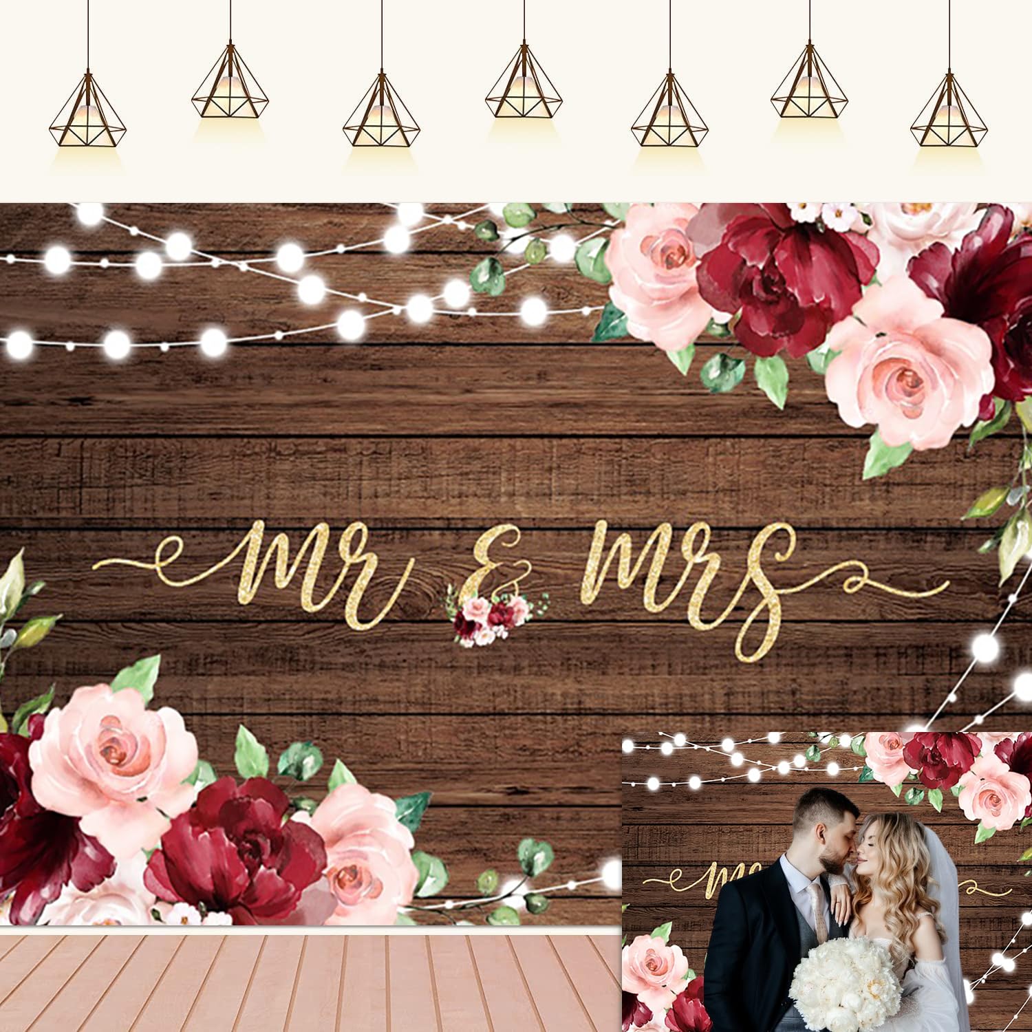 Caheansi 7x5ft Mr and Mrs Wedding Backdrop Pink Burgundy Flowers Wooden Bridal Shower Photography Background Bride Groom Engaged Ceremony Anniversary Wedding Party Decorations Banner Photo Props