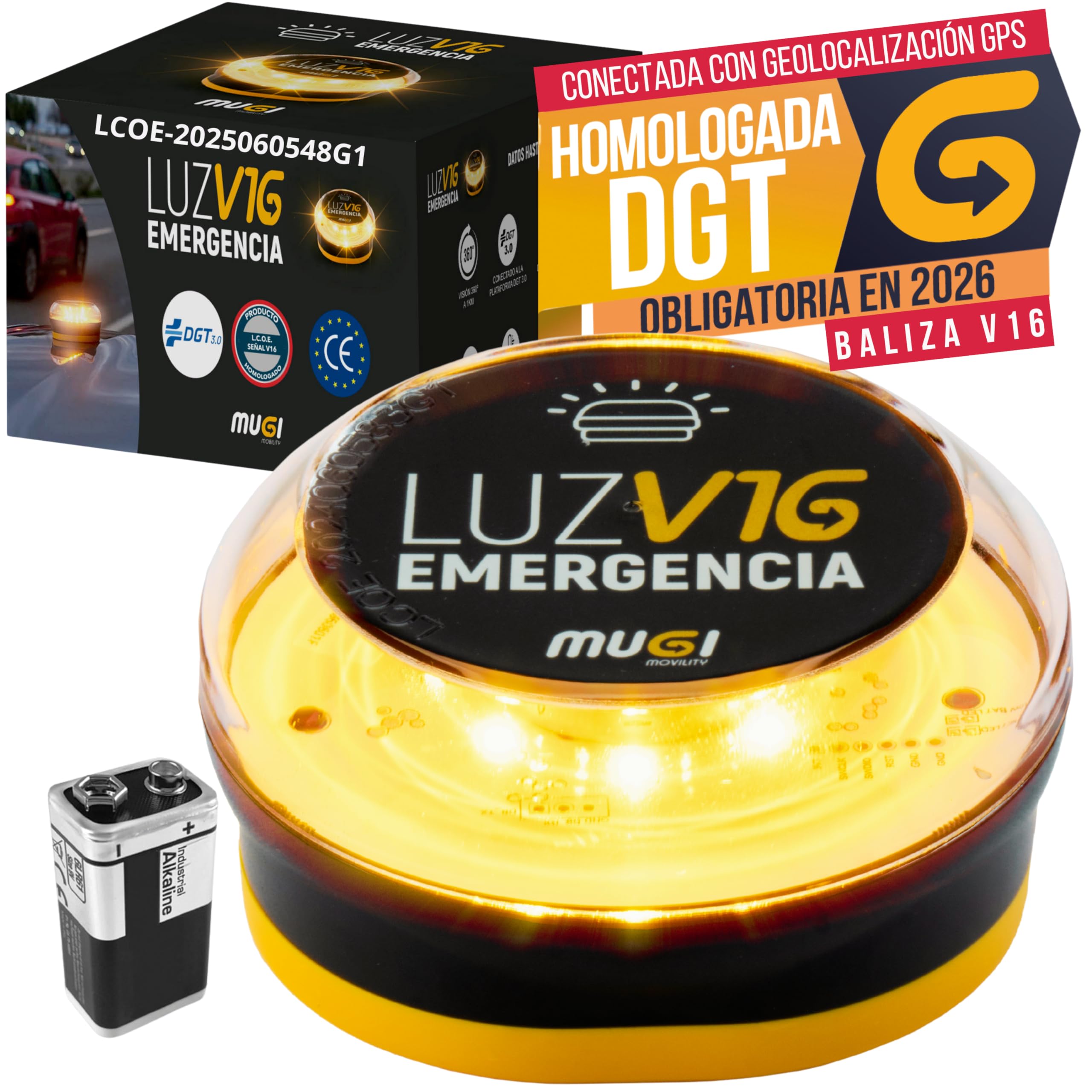 Beacon V16 Approved DGT with Geolocator Light Emergency Car Connected Geolocation 3.0 Mandatory 2026 Replaces Triangles Sim Signal Geolocated Data Up to 2040 Battery 9V Magnetic Base