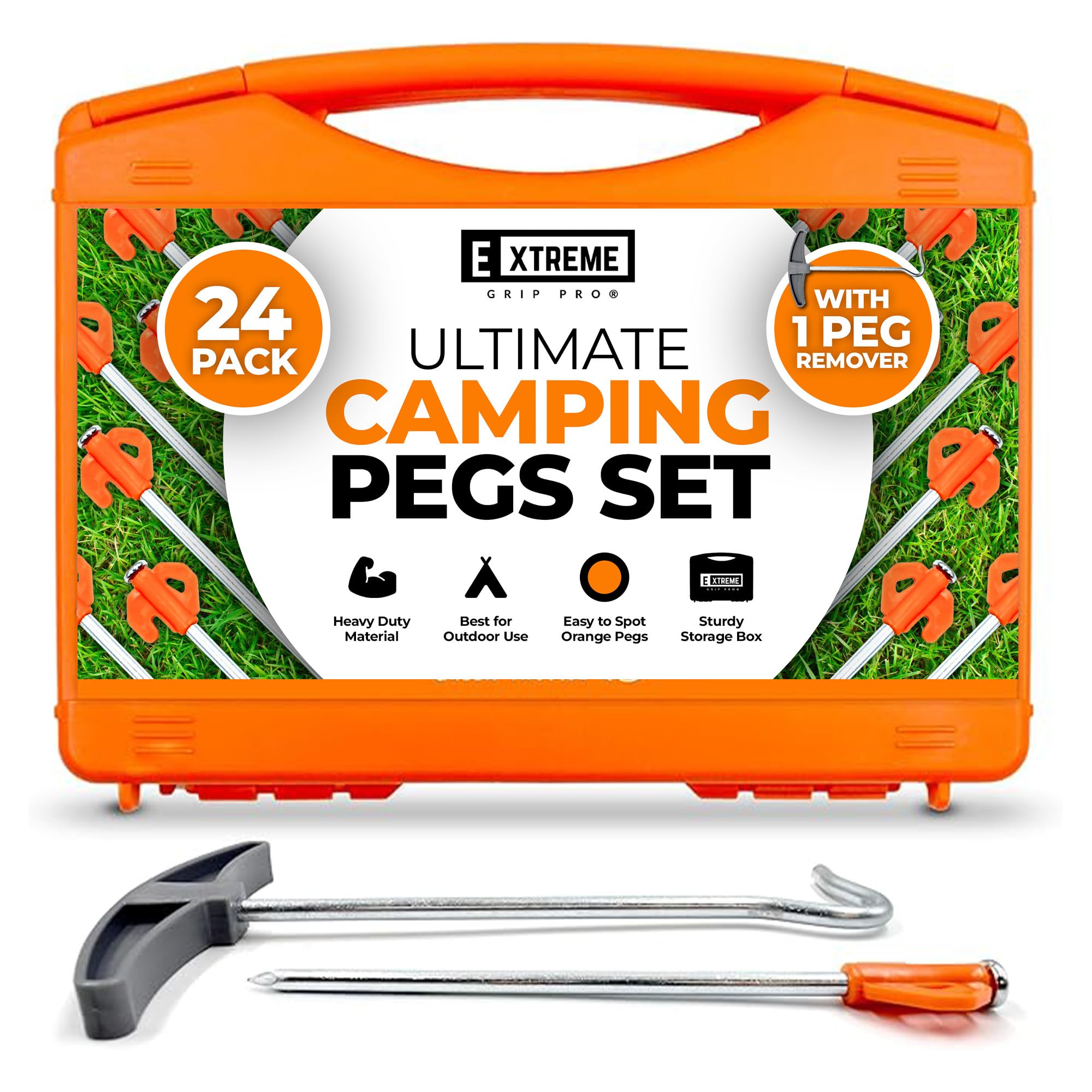 Heavy Duty Camping Pegs Set with Peg Remover – 24 Pack Galvanized Steel Tent Stakes for Hard Ground – Bright Orange Camping Pegs with Puller Tool & Storage Box for Outdoor Use
