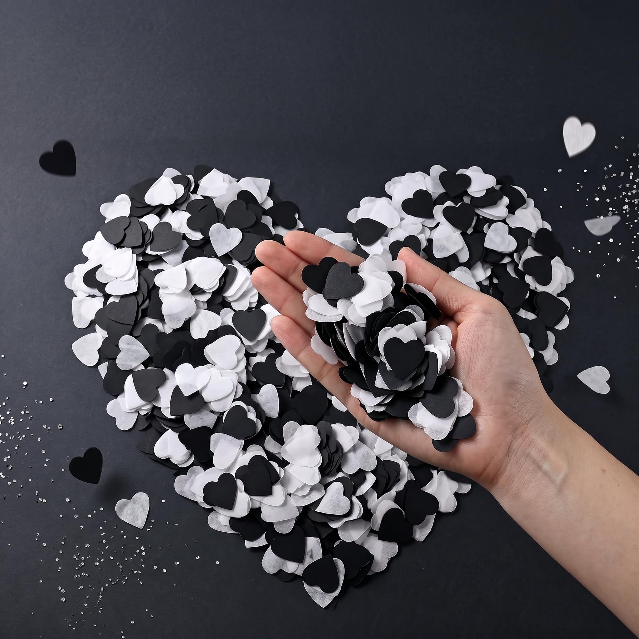 Ertzinla Black & White Heart Confetti, 10,000 Pcs 2.5cm Eco Biodegradable Tissue Paper Scatter for Gothic Wedding, Monochrome Party, Halloween, New Year, Table Decor, Crafts & Gifts, 1 Pack