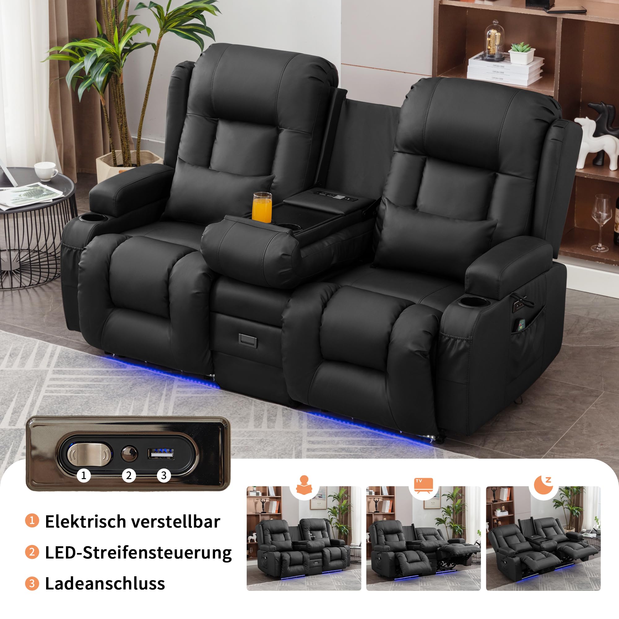 Elektrisch Relaxsessel mit Liegefunktion, Zweisitzer Fernsehsessel mit Konsole TV Sessel Heimkino mit Heizung & Vibrierende Massage/USB & Type C/Getränkehalter/Kunstleder (Schwarz)