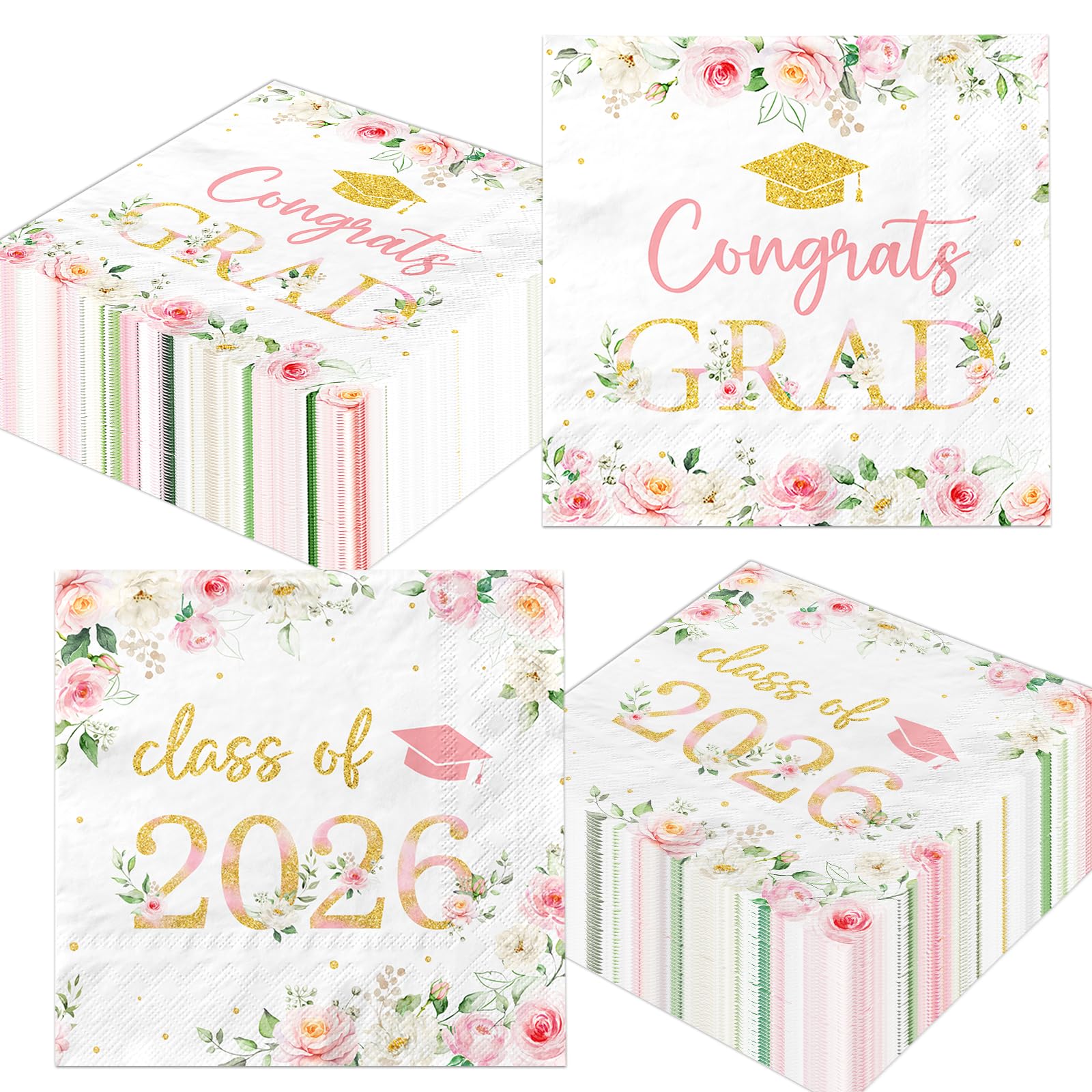 50Pcs Congrats Grad Party Napkins - Floral Graduation Party Decorations Pink Class of 2026 Graduation Paper Napkins for College High School Party
