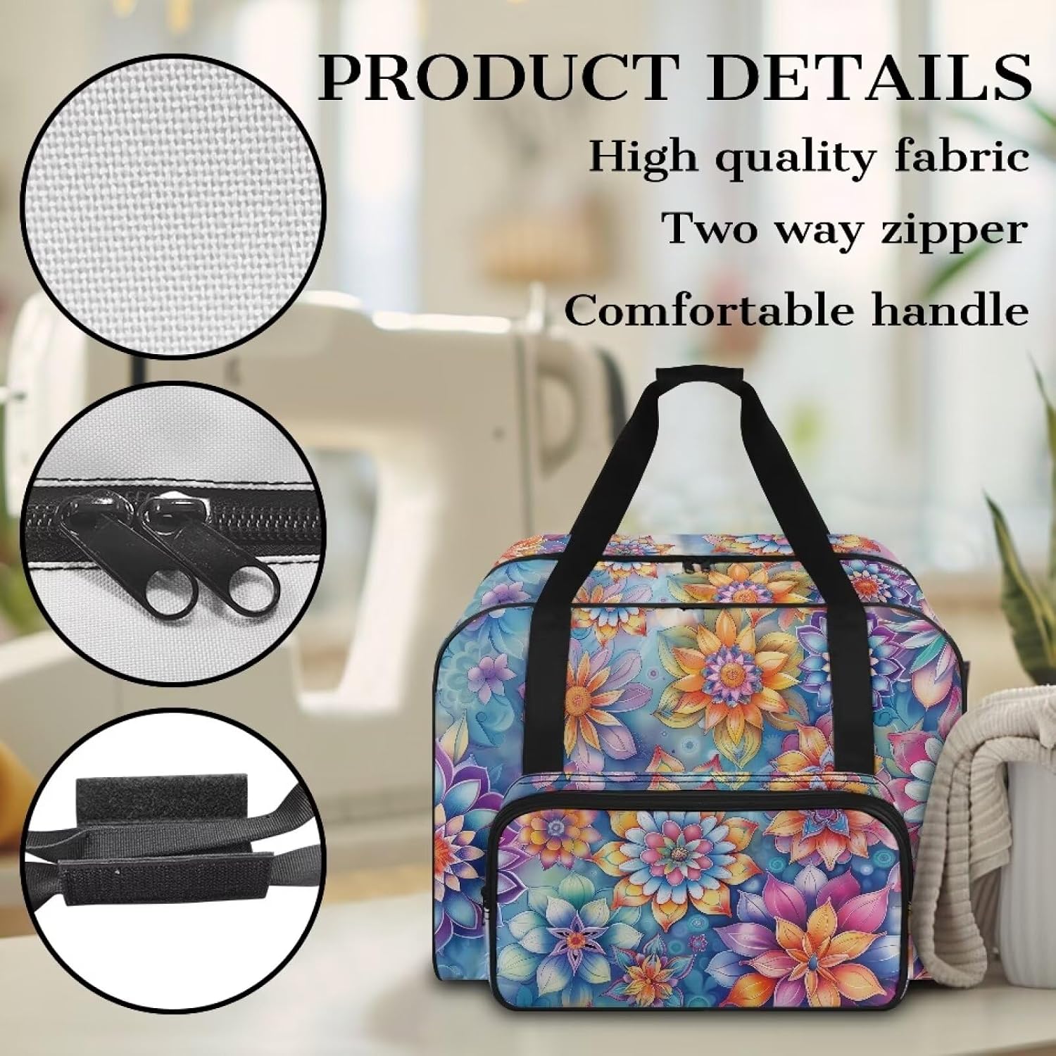 Boho Floral Sewing Machine Carrying Case Portable Tote Bag Heavy Padded Sewing Machine Dust Cover Large Capacity Handbag for Sewing Machines
