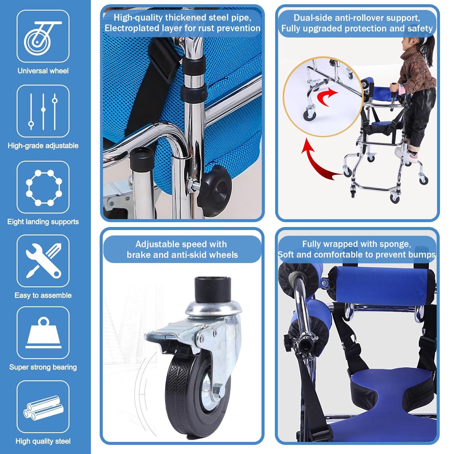 Andador para niños con parálisis cerebral portátil, 6 ruedas, ancho ajustable, velocidad ajustable, neumáticos sólidos con frenos, andador resistente para rehabilitación.